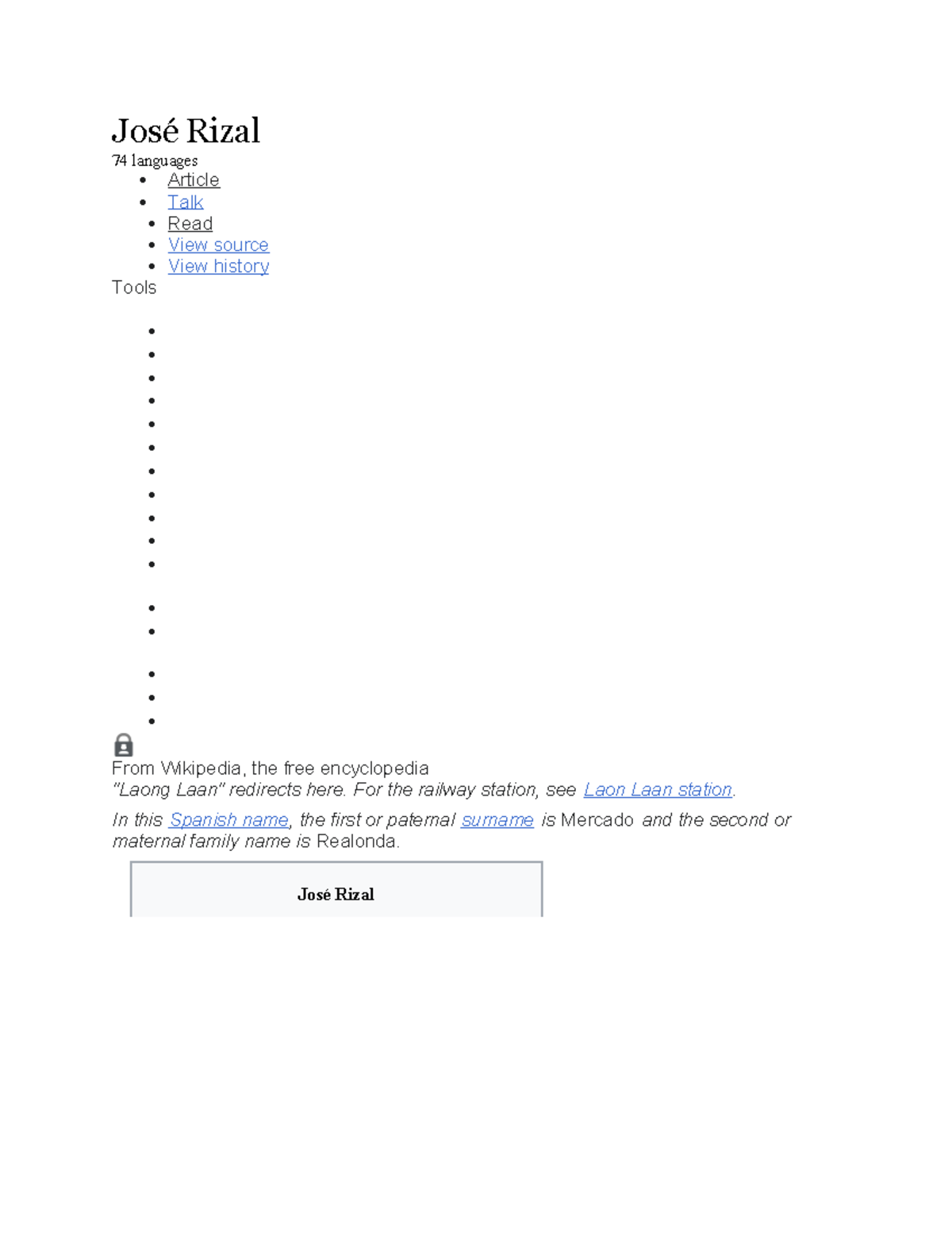 Rizal - José Rizal 74 Languages Article Talk Read View Source View 