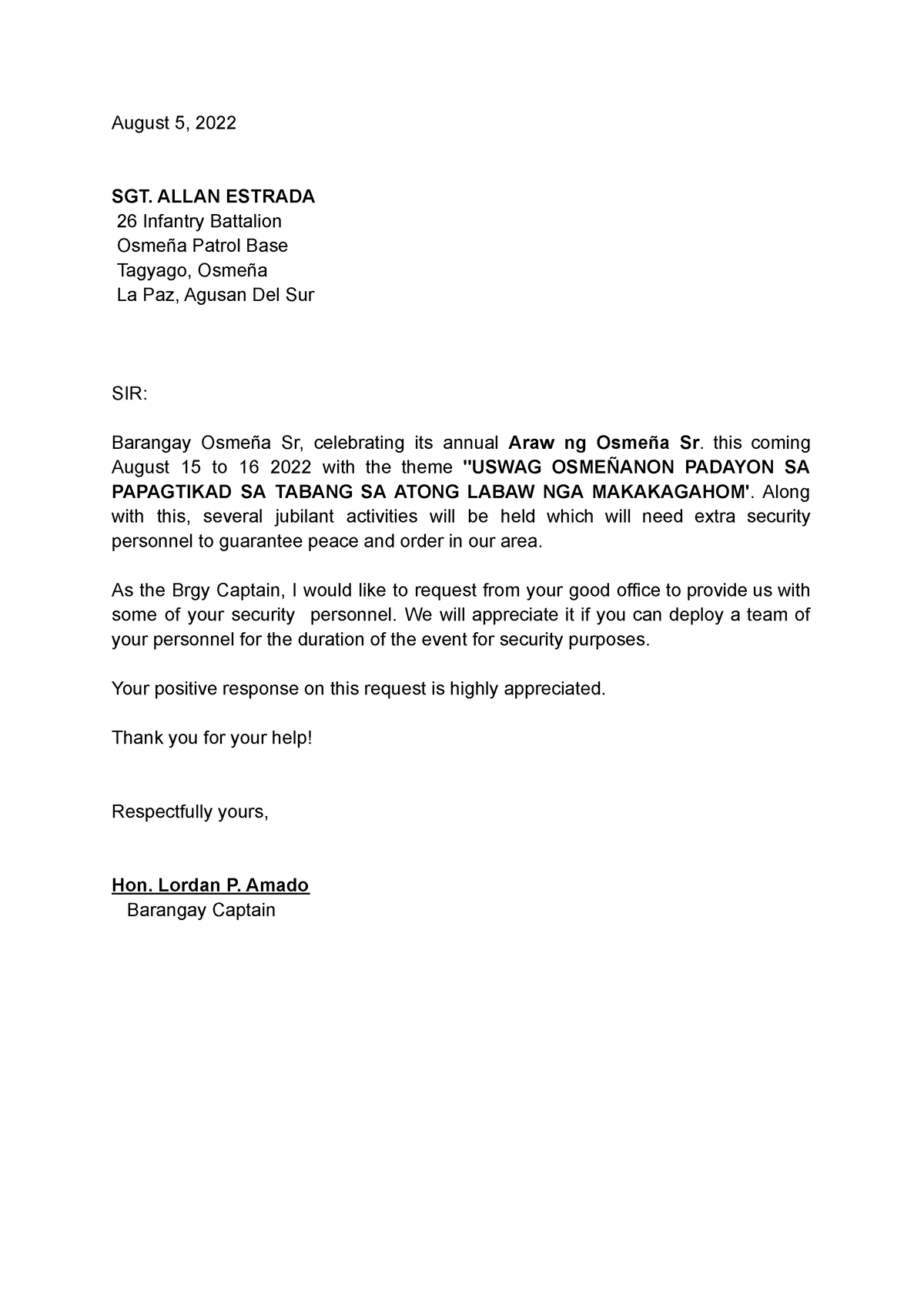 Araw Ng Osmeña Letter Sgt Allan Estrada 26 Infantry Battalion Osmeña Patrol Base Tagyago