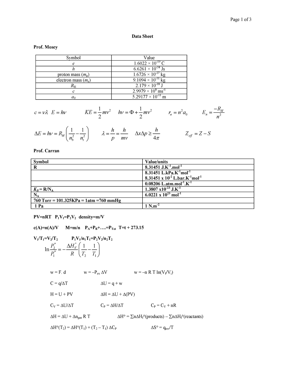 Formula Sheet - Chem 112 General Chemistry - queensu - StuDocu