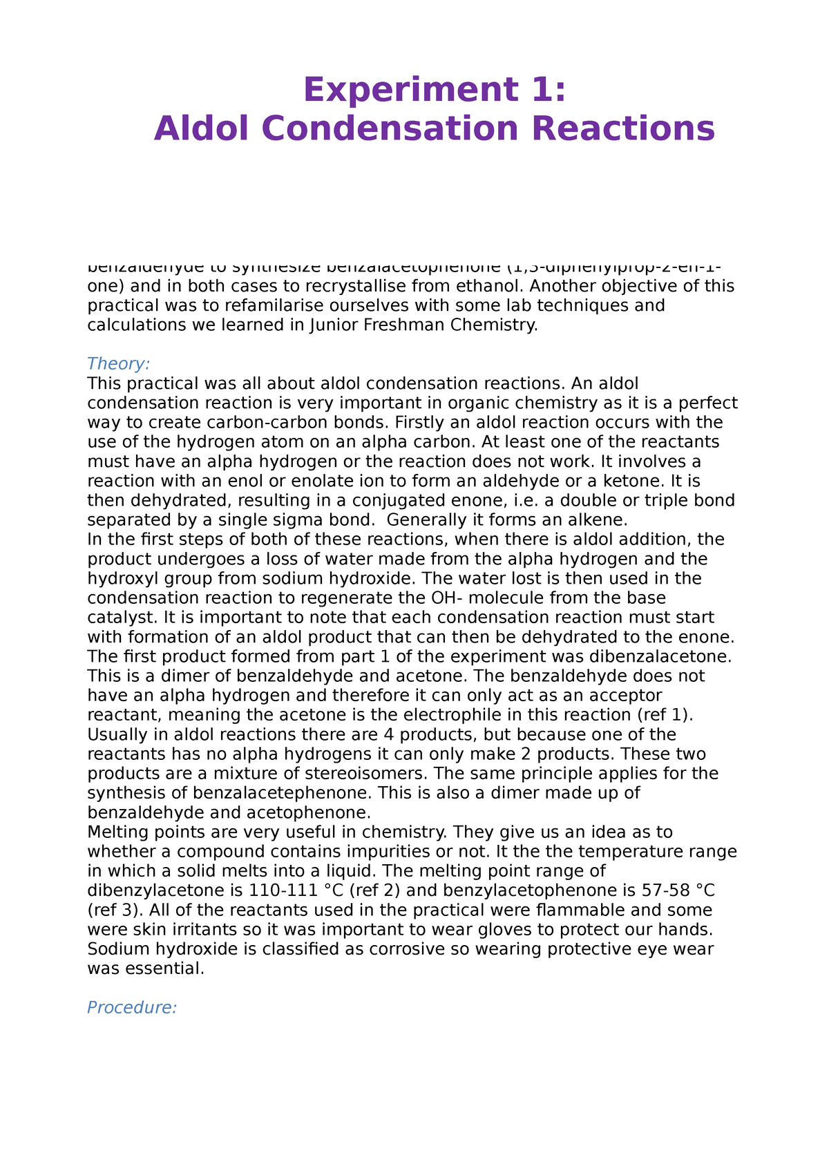 lab report the condensation reaction assignment