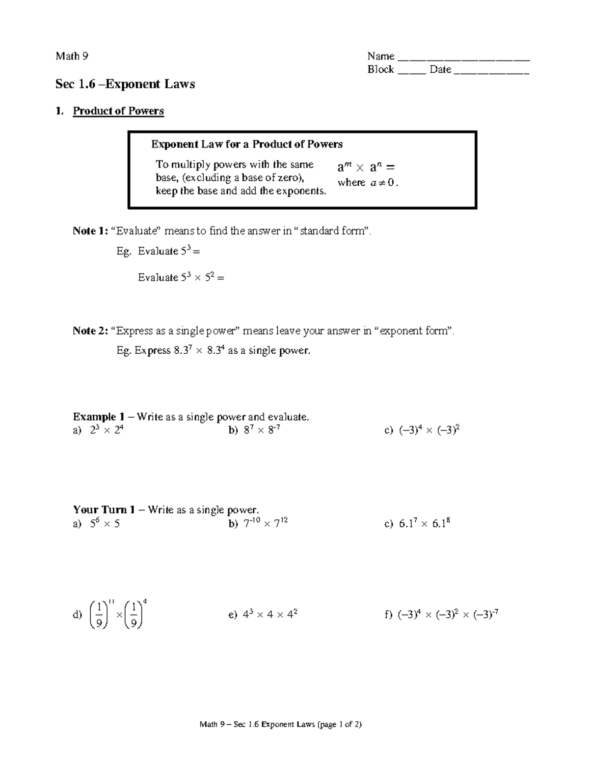 Ma9 1.6 Exponent Laws - assignments/homework good for practice - Math 9 ...