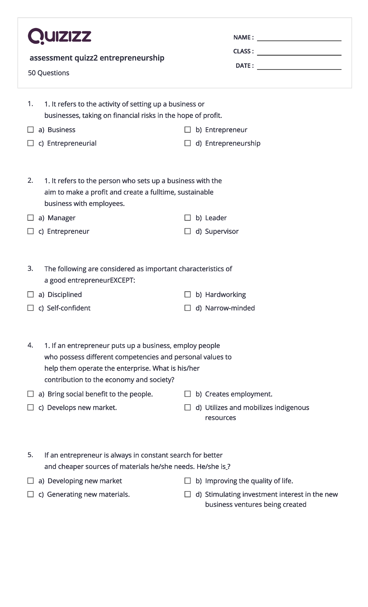 Assessment quizz 2 entrepreneurship 3rd QTR - Business Administration ...