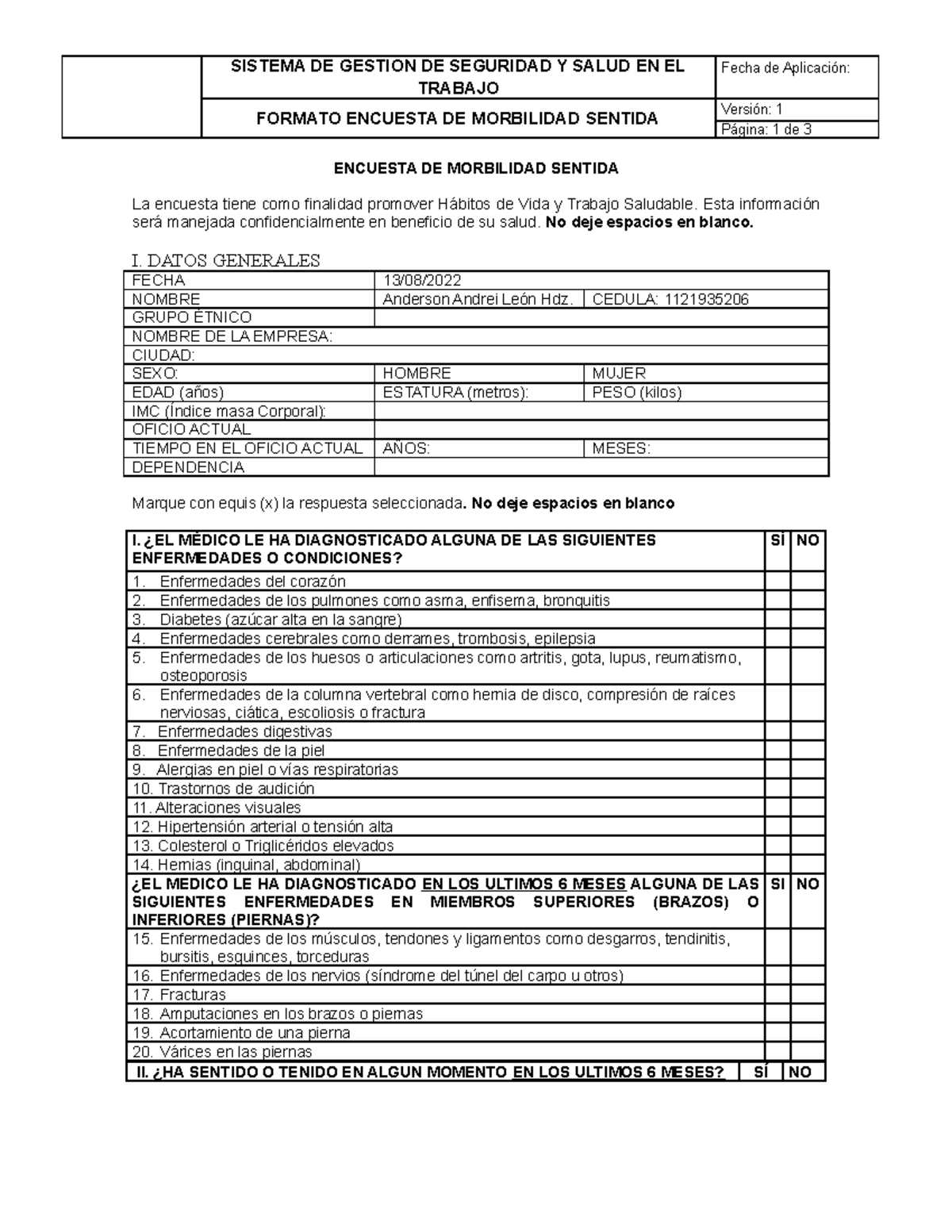 Formato Encuesta Morbilidad Sentida - SISTEMA DE GESTION DE SEGURIDAD Y ...