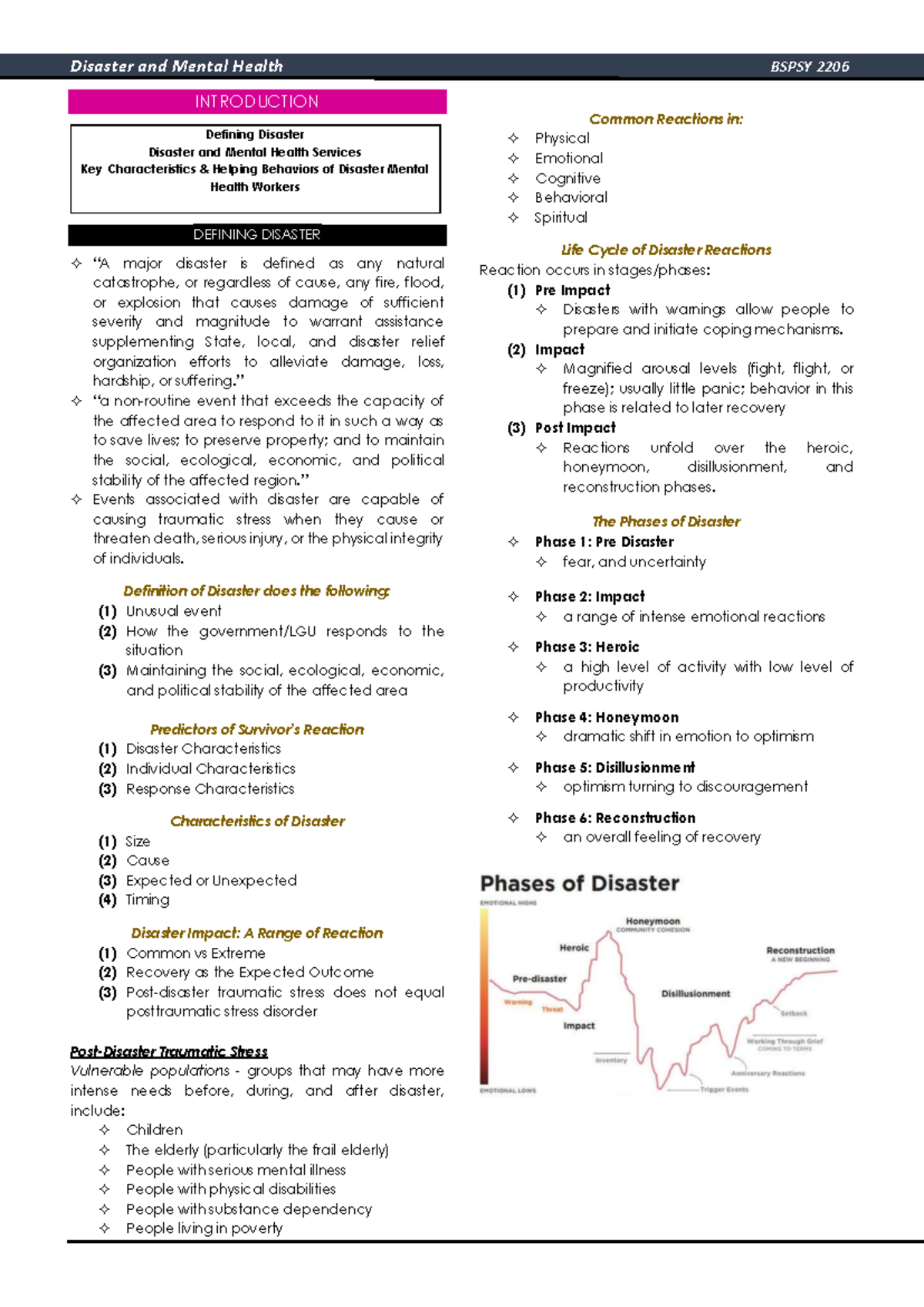 DMH Notes-Introduction - INTRODUCTION Defining Disaster Disaster and ...