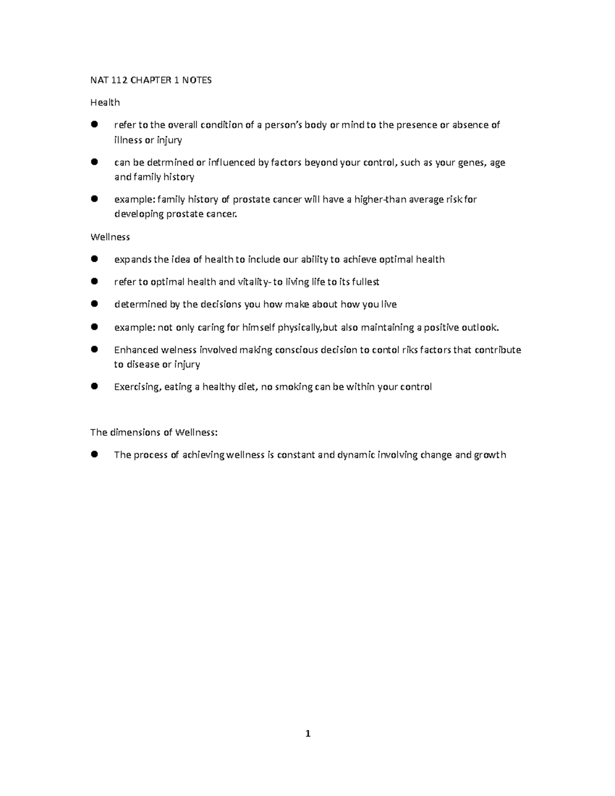 NAT 112 Chapter 1 Note - NAT 112 CHAPTER 1 NOTES Health refer to the ...