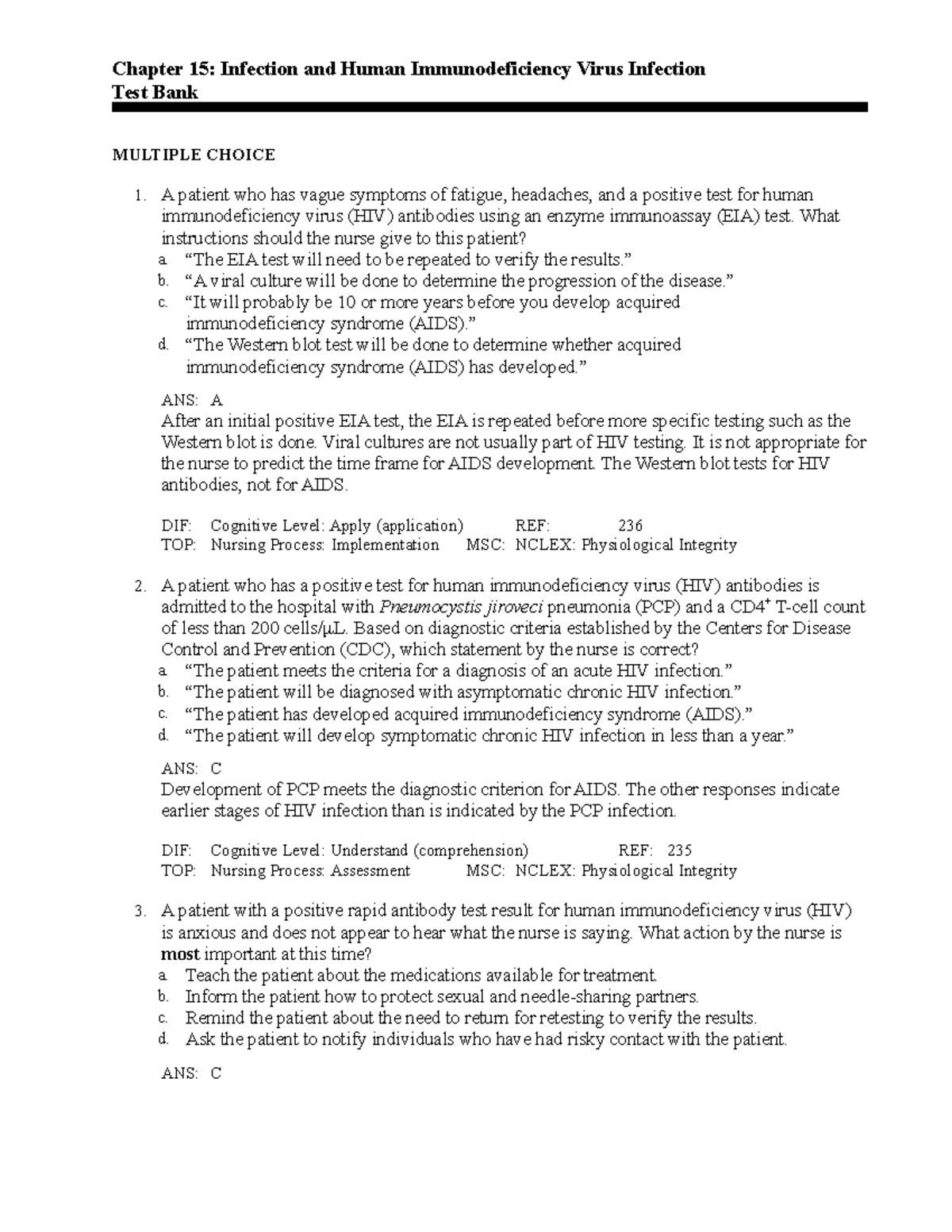 Ch15 Practice Questions Chapter 15 Infection and Human