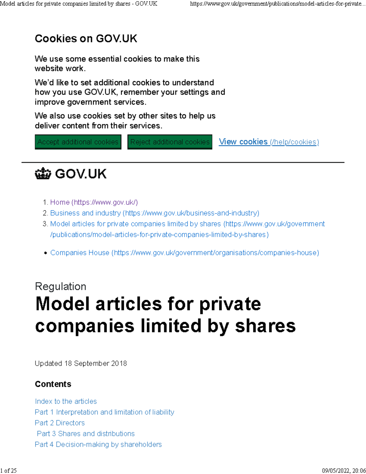 Model Articles For Private Companies Limited By Shares Gov Cookies