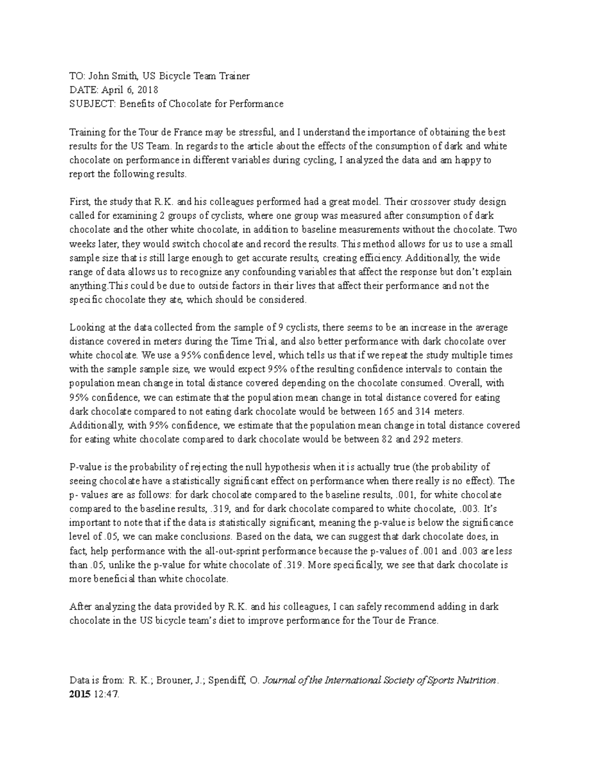 Writing To Lean - TO: John Smith, US Bicycle Team Trainer DATE: April 6 ...