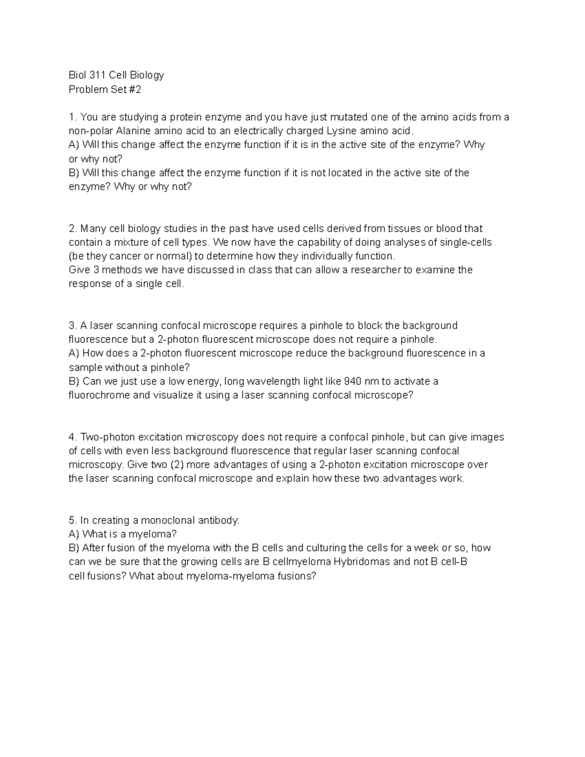 Biol 311 Cell Biology problem set 2 - Biol 311 Cell Biology Problem Set ...