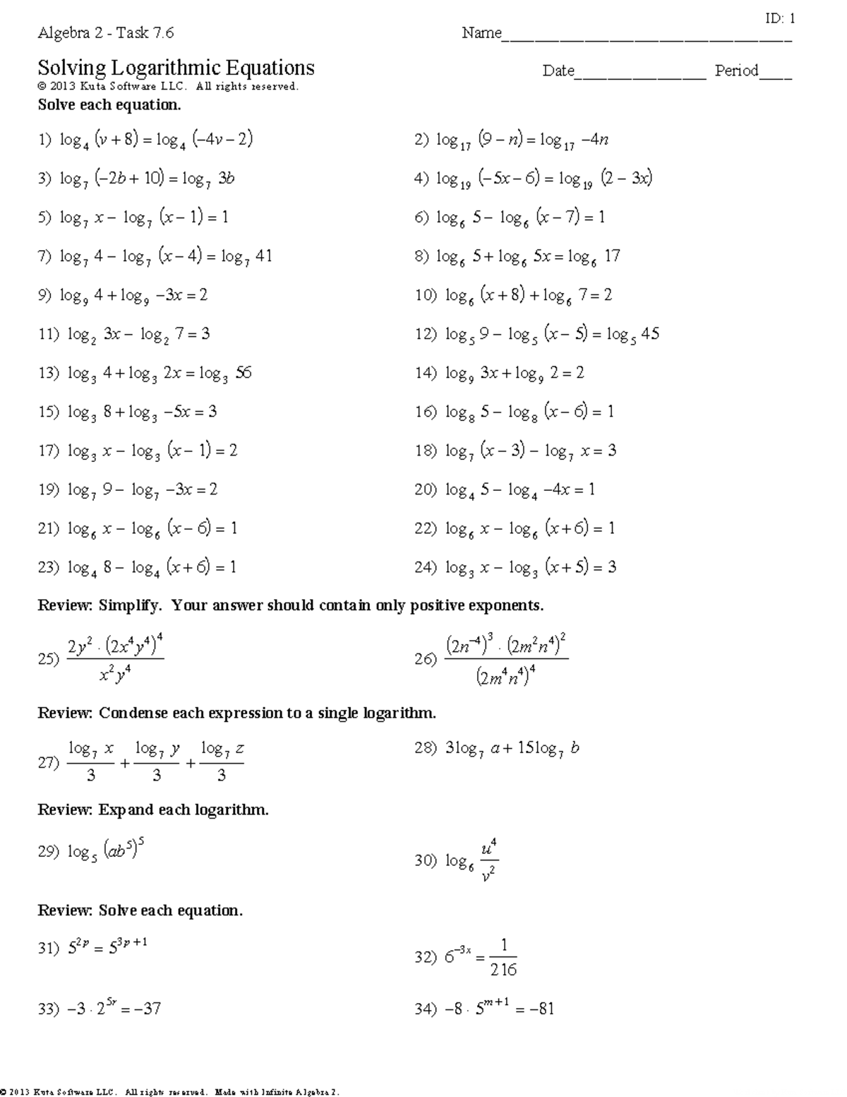 2 - Solving Log Equations - ©E n 2 x 0 F 1 M 3 D IKquEtZaF 8 S 5 ...