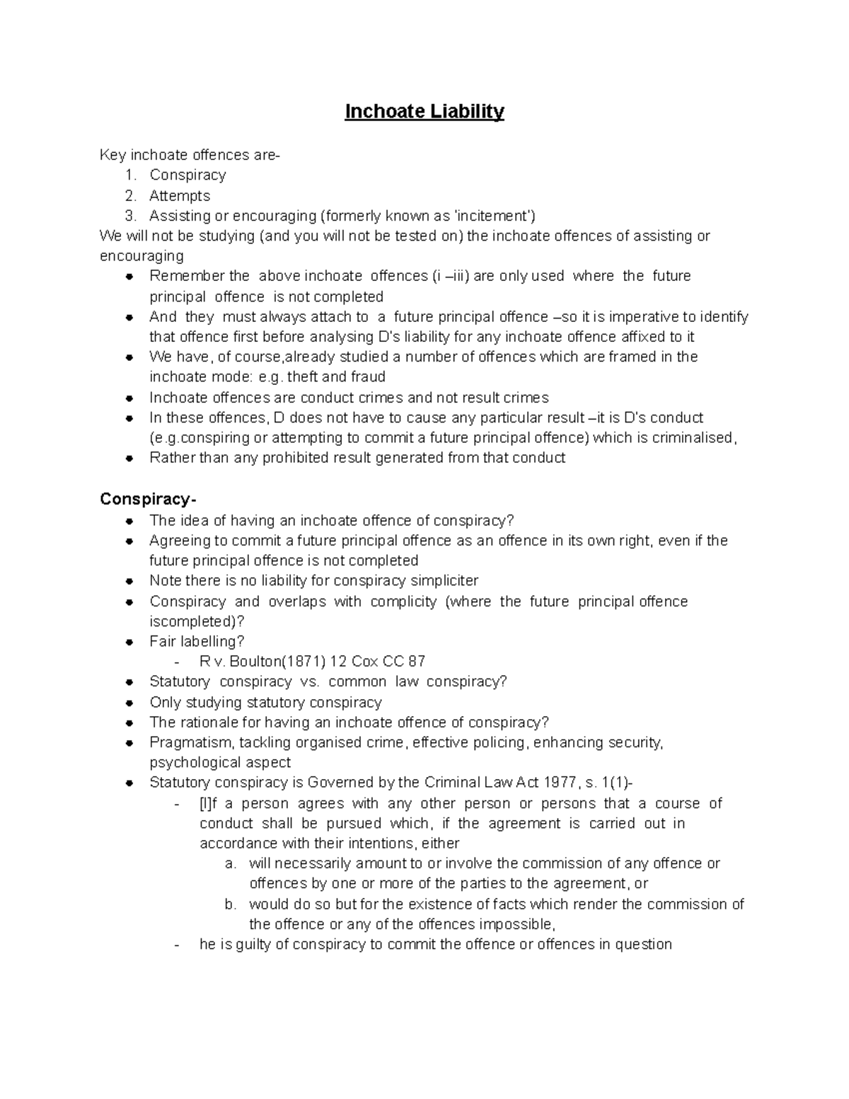 Criminal Law- Inchoate Liability Notes - Inchoate Liability Key ...