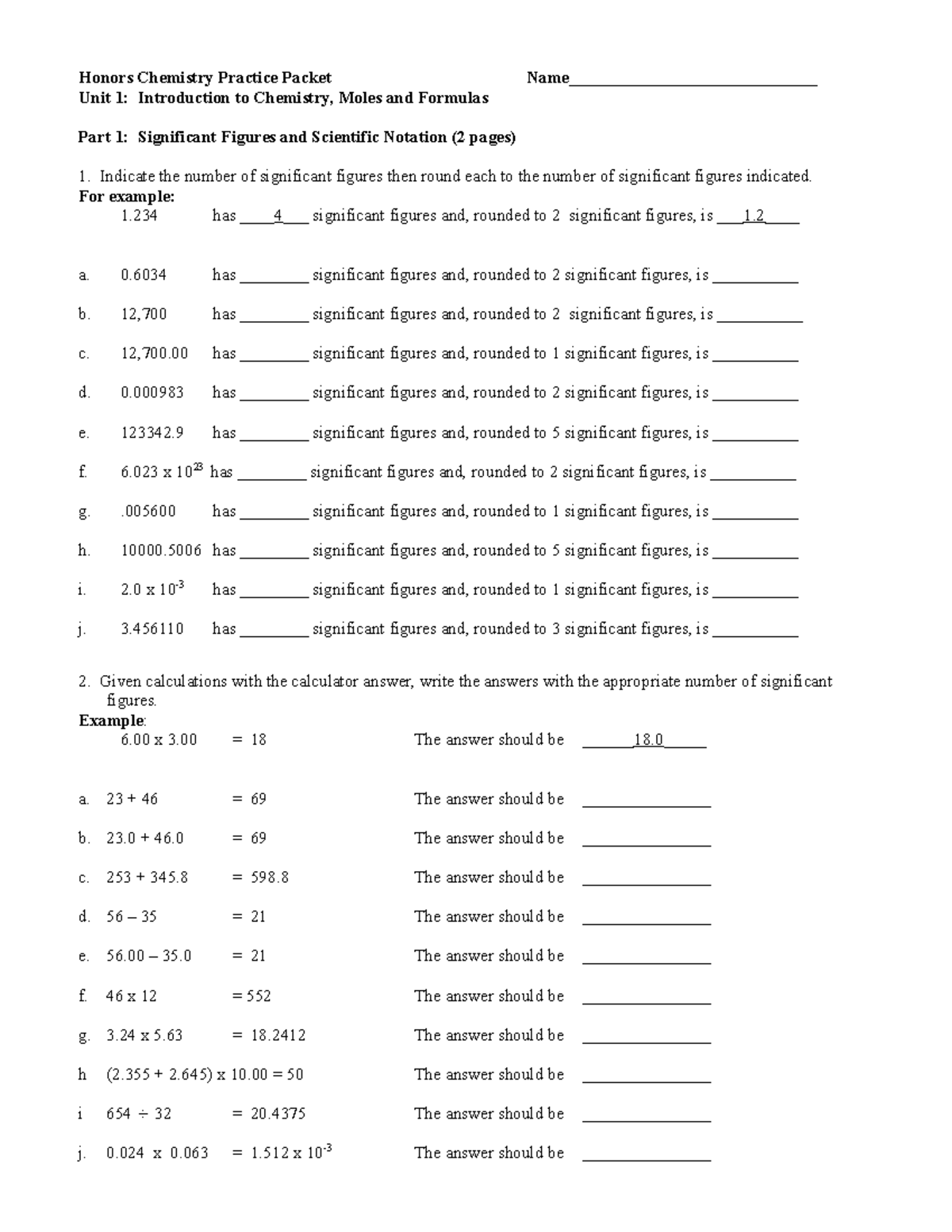 H+Unit+1+Packet+2021+Intro%2C+Moles%2C+Formulas - Honors Chemistry ...