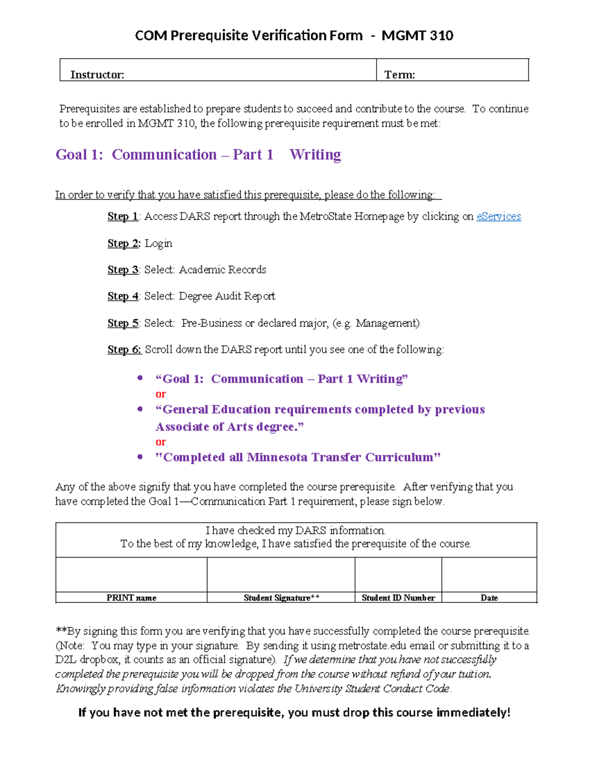 MGMT310 Prereq Verification Form - COM Prerequisite Verification Form ...