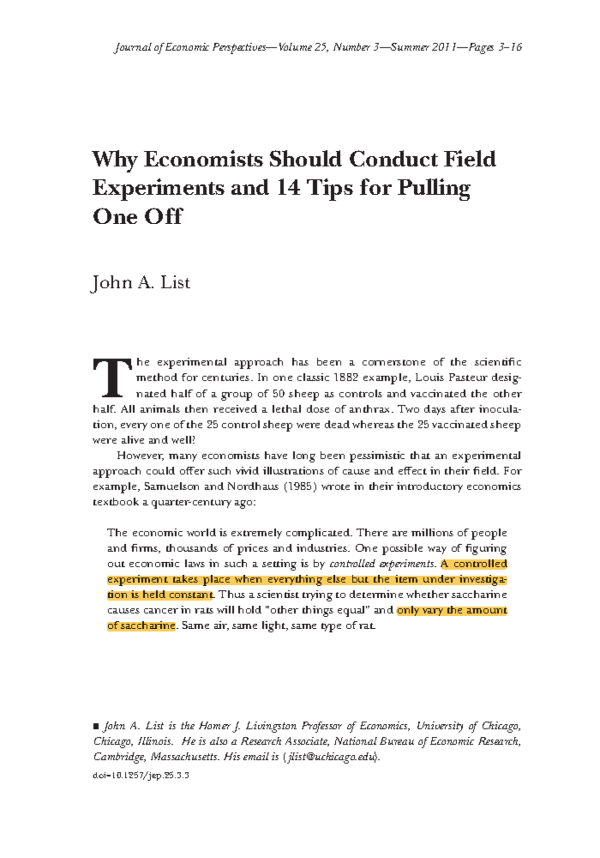 List Field experiments Journal of Economic Perspectives—Volume 25, Number 3—Summer 2011—Pages