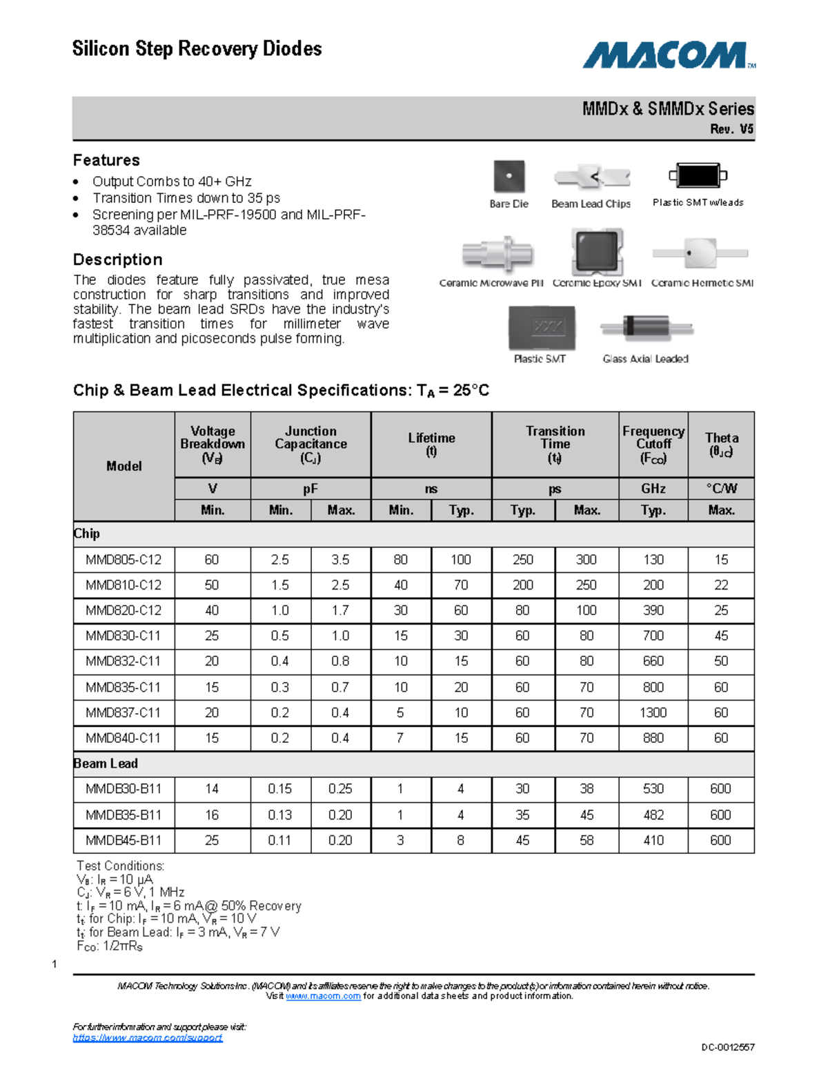 silicon step recovery diodes MMDx SMMDx Series ECE 550 SIU