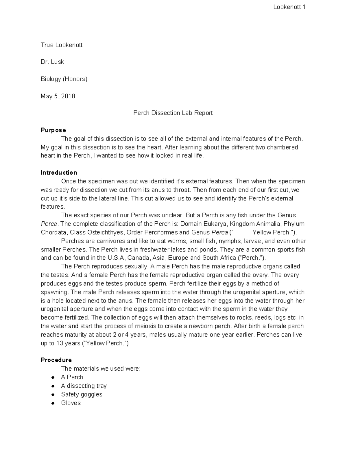 Perch Dissection Lab Report.pdf True Lookenott Dr. Lusk Biology