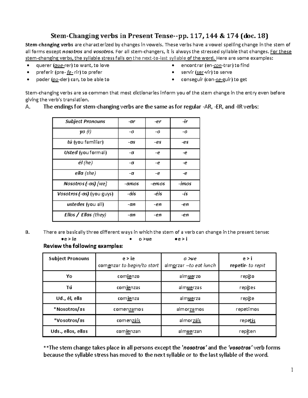 Stem changing Verbs In Present Tense Pp 114 144 174 doc 18 Warning