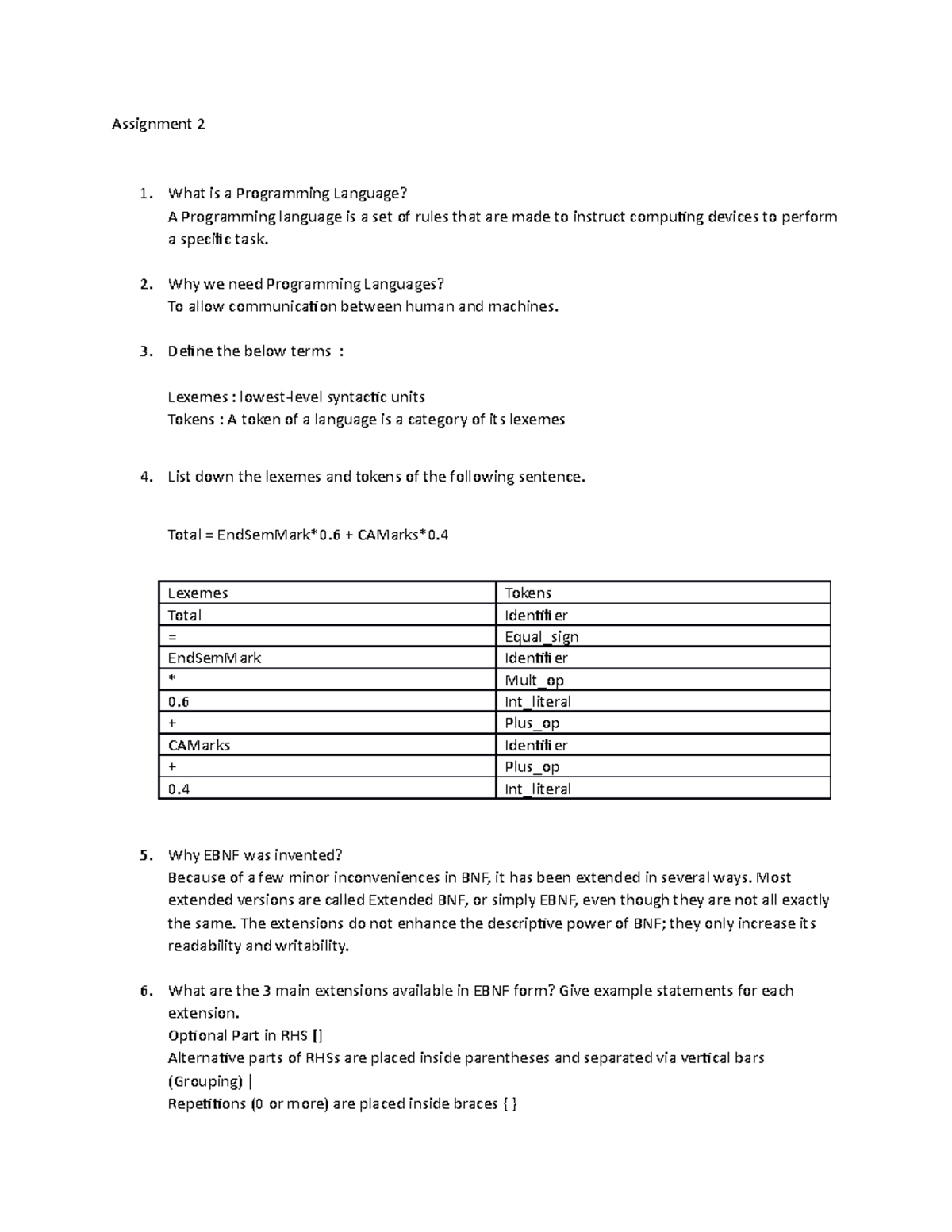 Assignment 2 - Answers - Assignment 2 What Is A Programming Language? A 