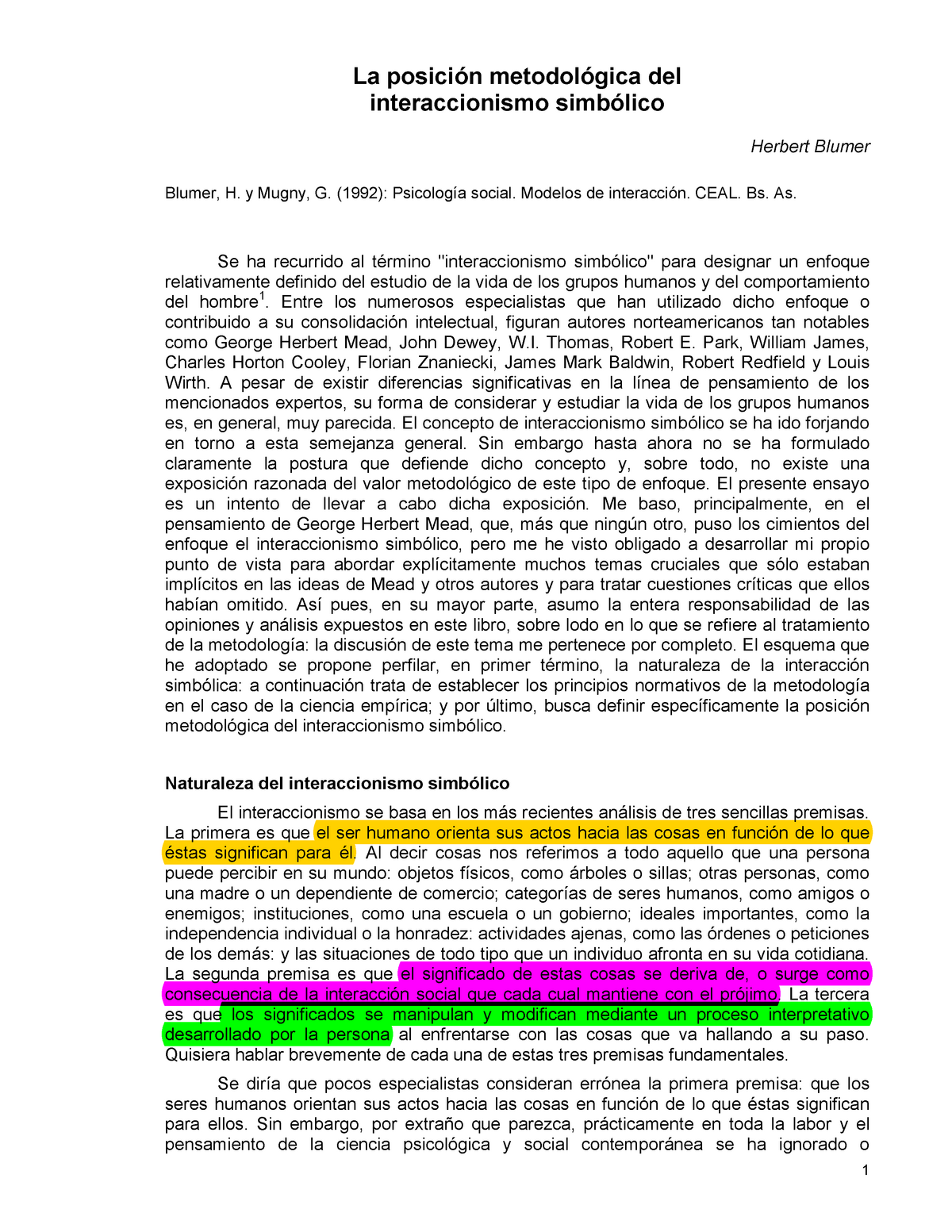 La posición metodológica del interaccionismo simbólico - Warning: Popup  annotation has a missing or - Studocu