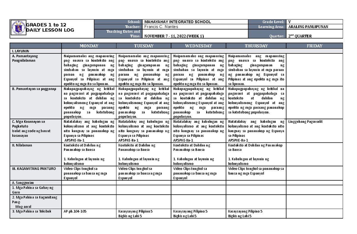 Dll Araling Panlipunan 5 Q2 W1 Grades 1 To 12 Daily Lesson Log School Mahayahay Integrated 3256