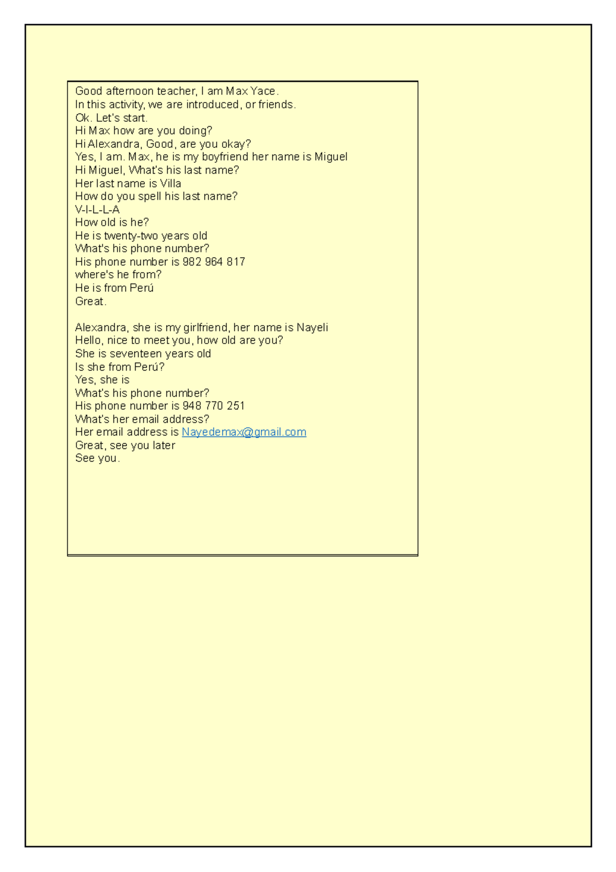 Doc2 Presentacion Ingles S5 Good afternoon teacher, I am Max Yace. In