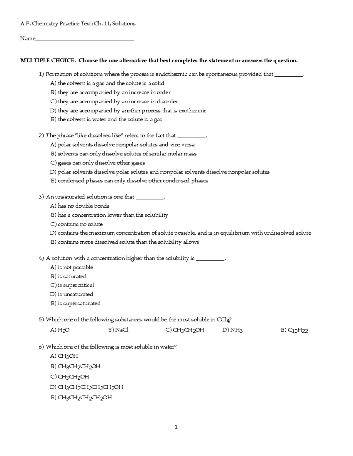 Test 2016, answers - A. Chemistry Practice Test: Ch. 11, Solutions ...