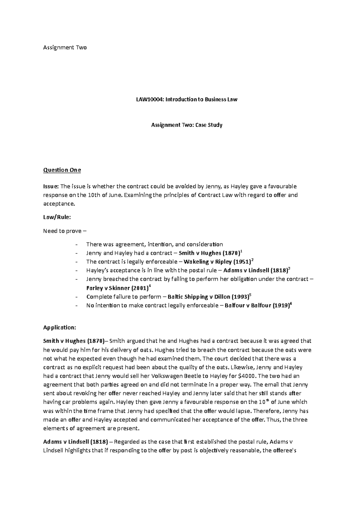 Assignment Part B - Case Study/Questions - Assignment Two LAW10004 ...