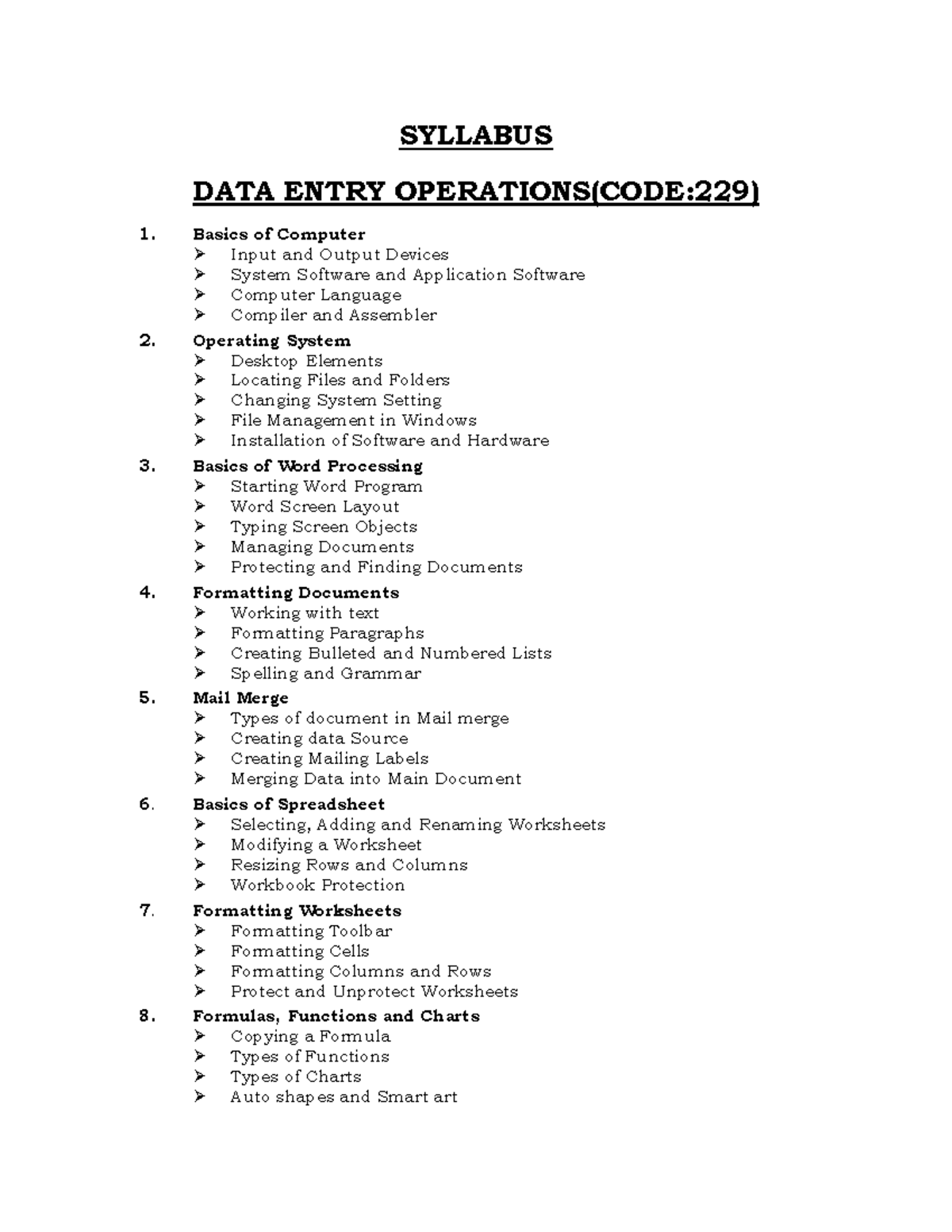 Deo Basic of comp SYLLABUS DATA ENTRY OPERATIONS(CODE229) Basics of Computer Input and