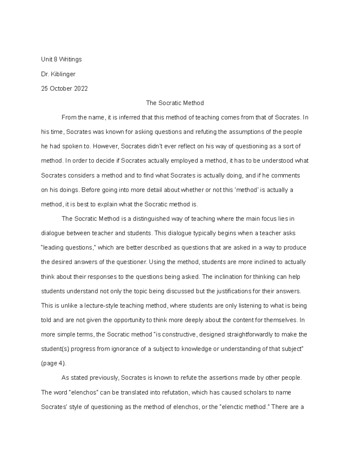 Plato's Socrates and the Socratic Method - Unit 8 Writings Dr ...