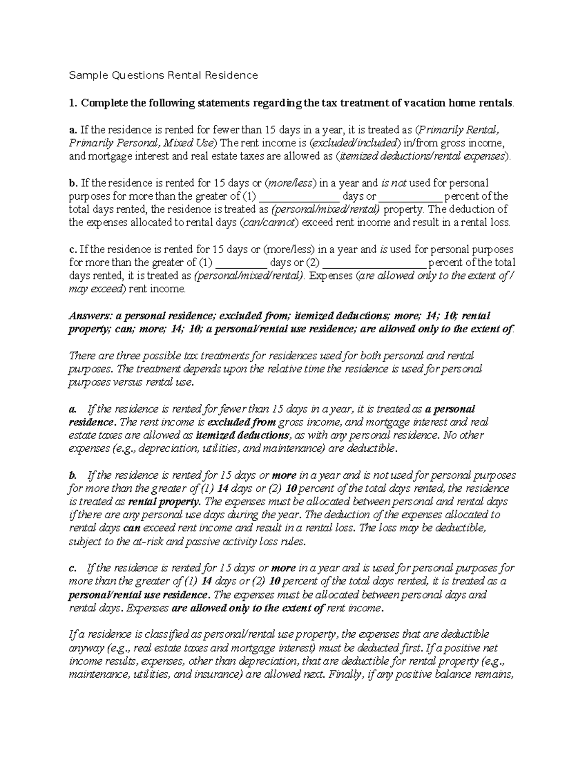 Rental OF Vacation Homes(1) - Sample Questions Rental Residence ...