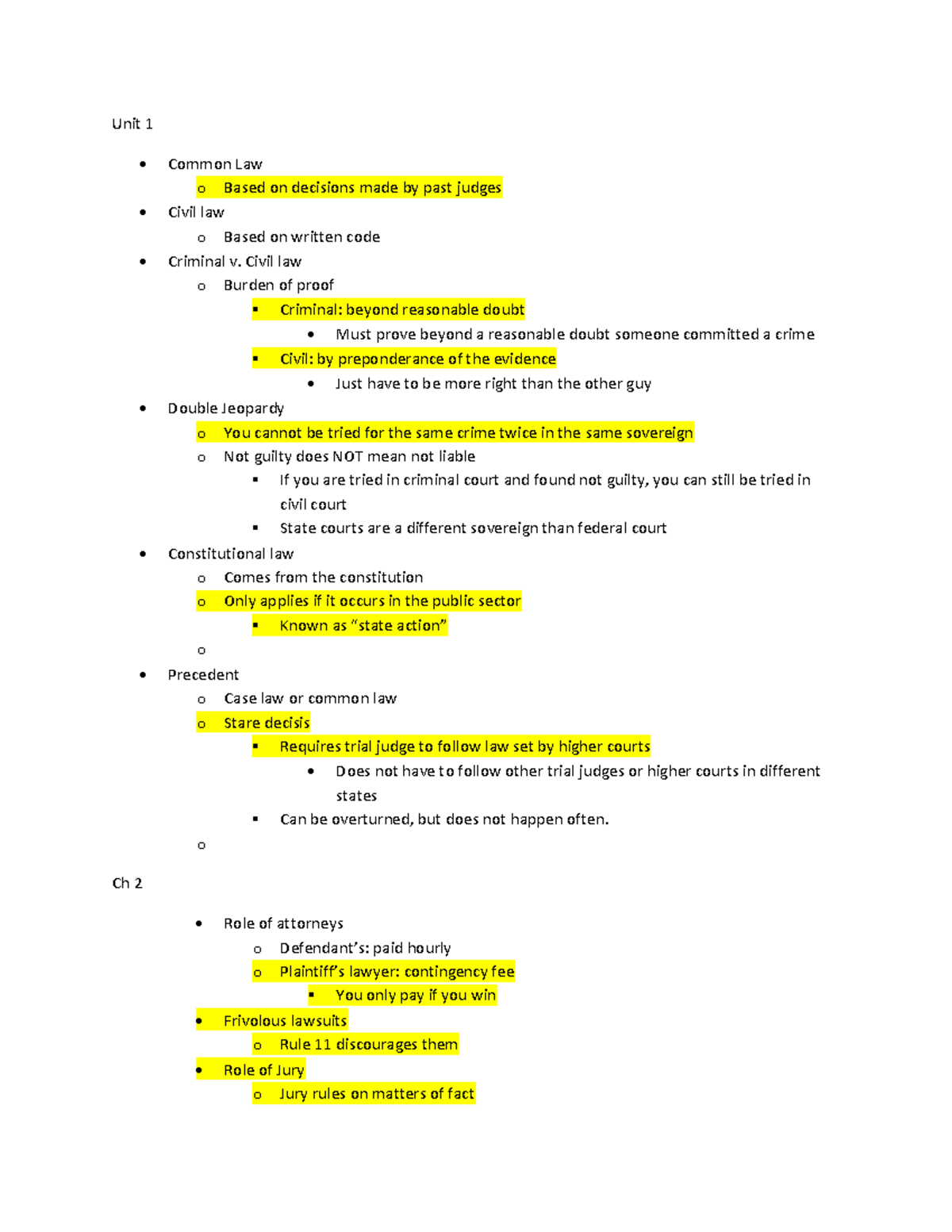 BLAW Final Review Notes - Unit 1 Common Law O Based On Decisions Made ...