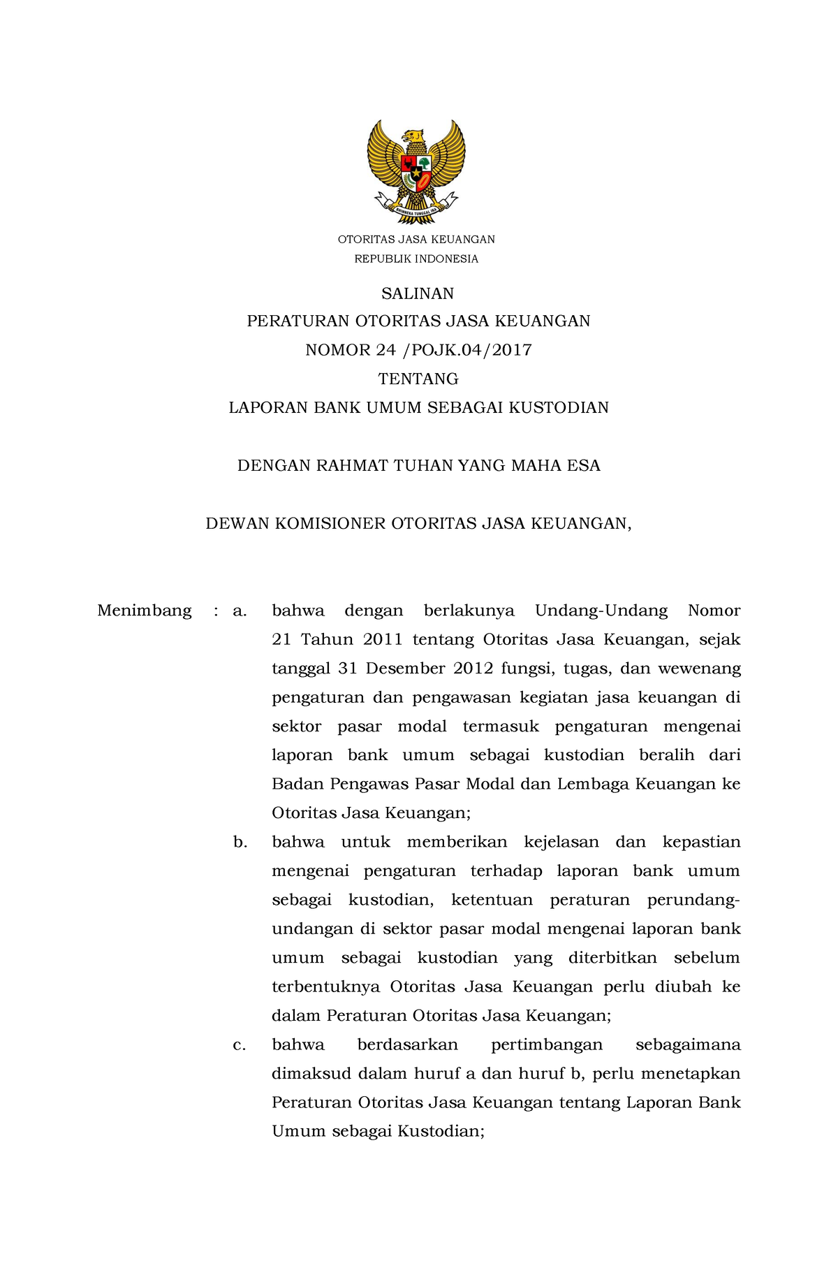 SAL POJK 24 - POJK 24 - PERATURAN OTORITAS JASA KEUANGAN NOMOR 24 /POJK ...