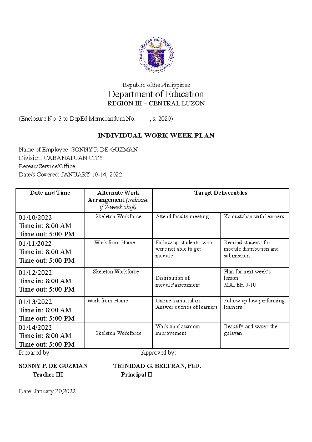 Sonny P. DE Guzman - Individual- Workweek PLAN- January 10-14, 2021 ...
