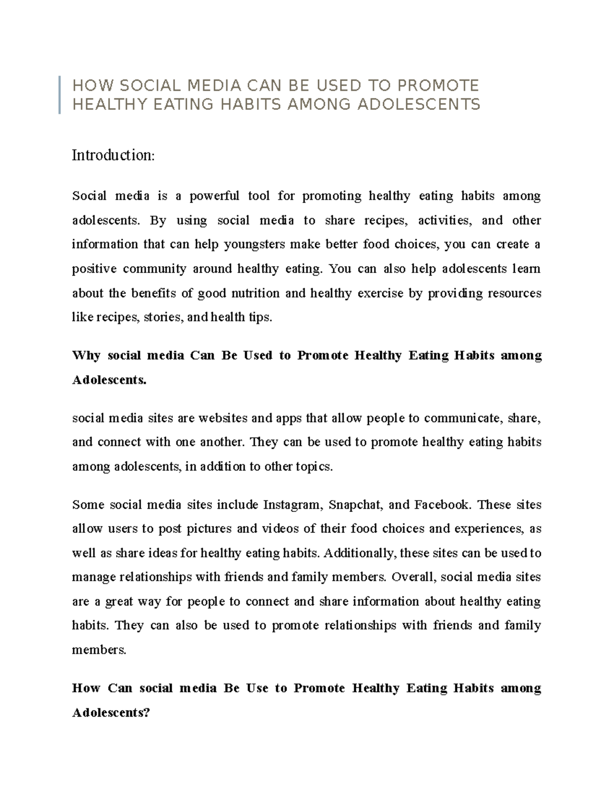 HOW Social Media CAN BE USED TO Promote Healthy Eating Habits Among ...