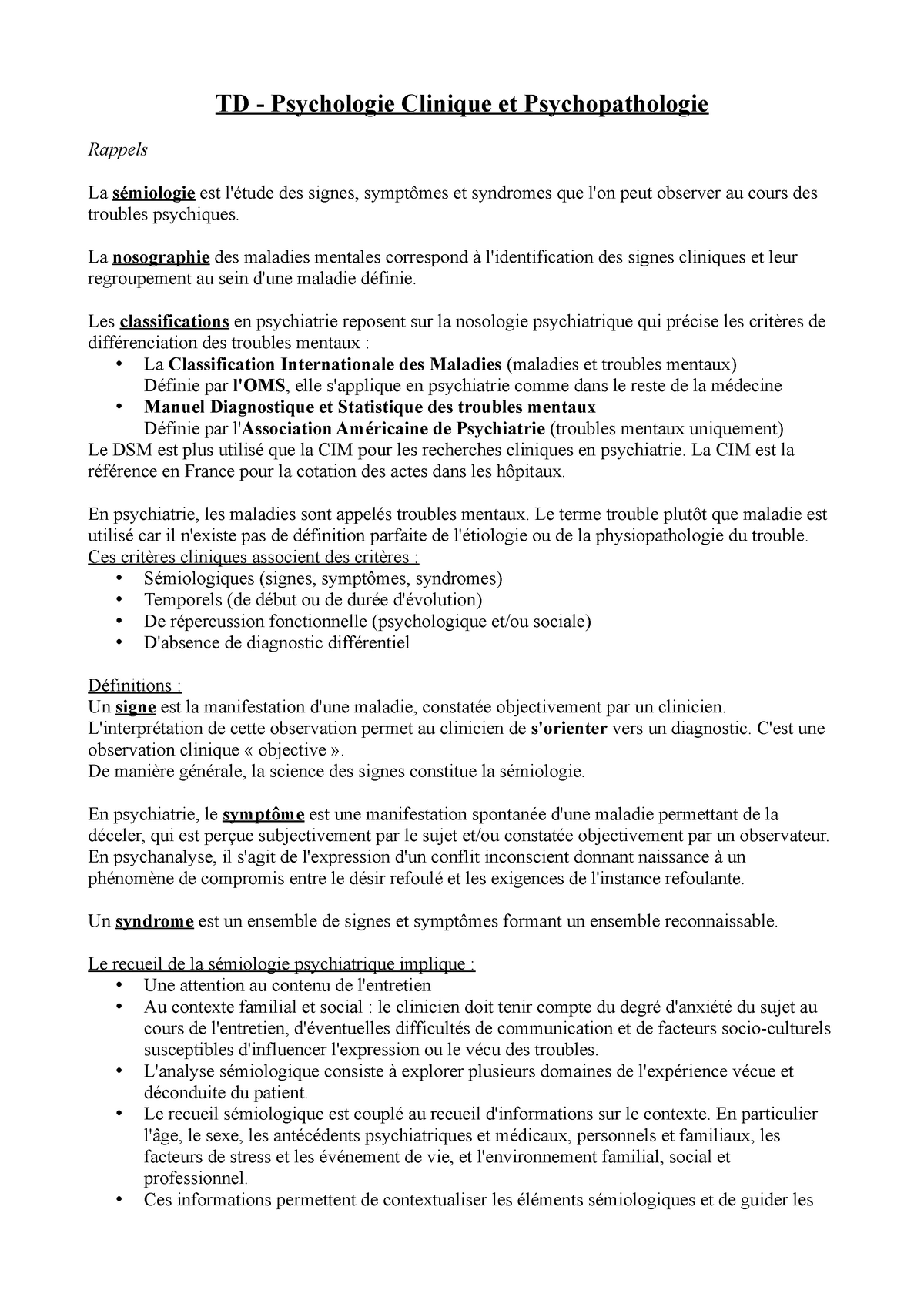 Psychologie Clinique Tds Complets Td Psychologie Clinique Et Psychopathologie Rappels La 4022