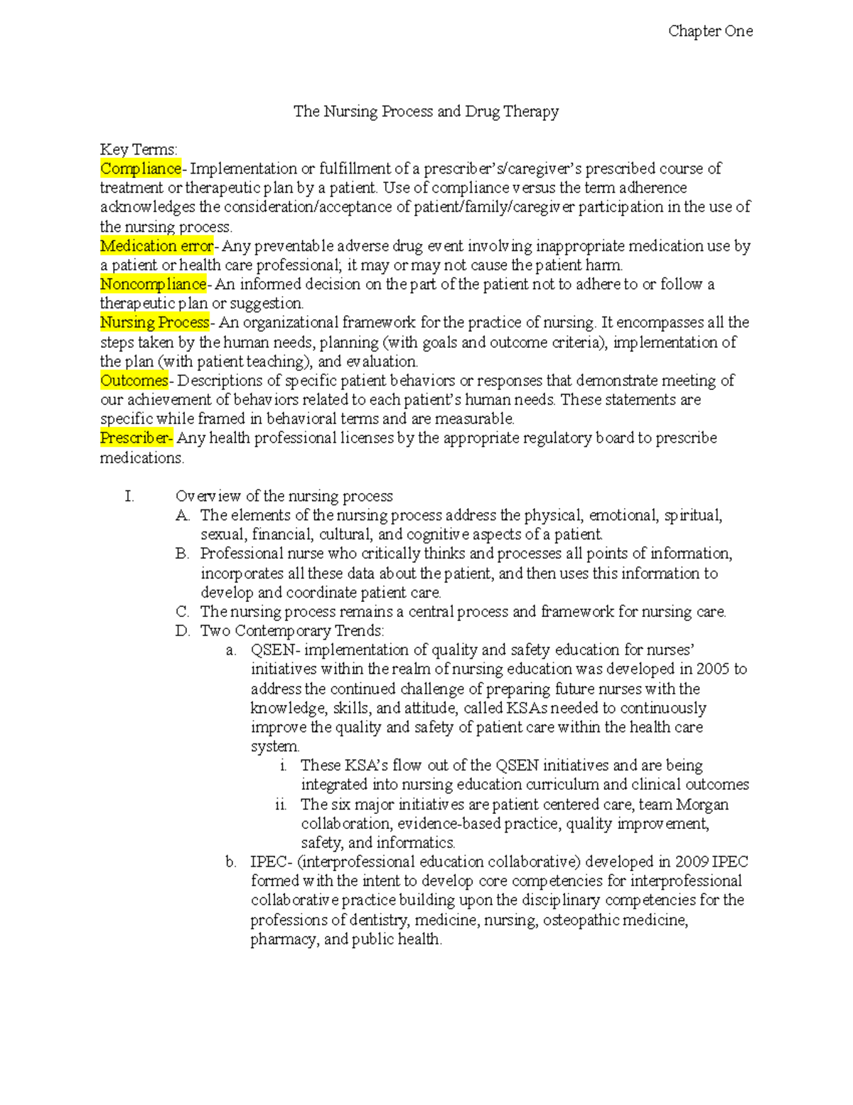 Chapter 1 notes pharm - The Nursing Process and Drug Therapy Key Terms ...