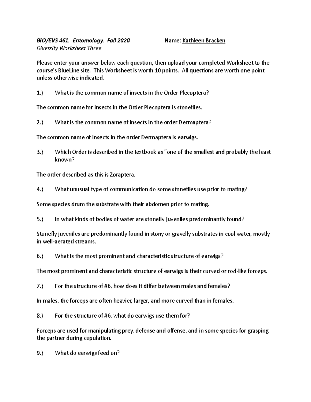 Diversity Worksheet 3 - BIO/EVS 461. Entomology. Fall 2020 Diversity ...
