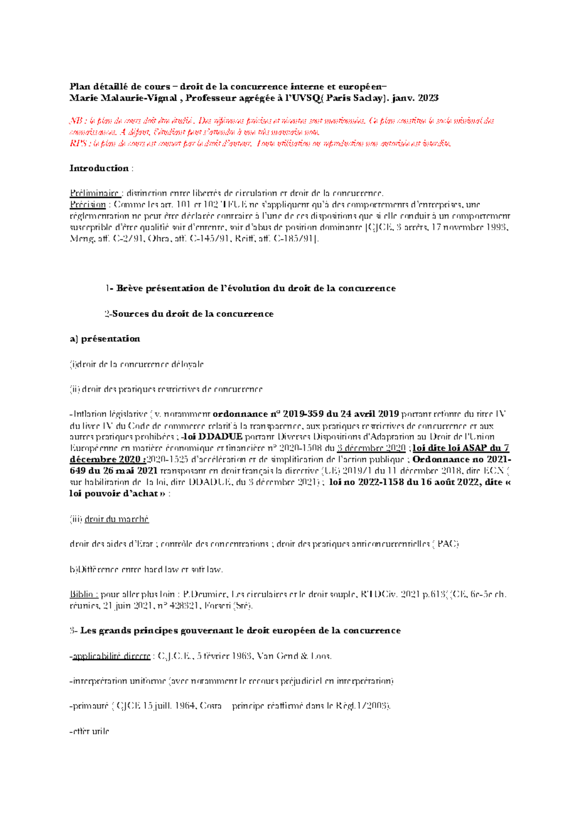 Plan Concurrence Plan détaillé de cours droit de la concurrence