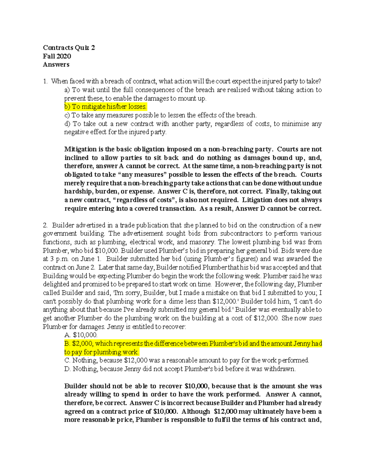 Quiz 1 Answers - Quizzes - Contracts Quiz 2 Fall 2020 Answers When ...