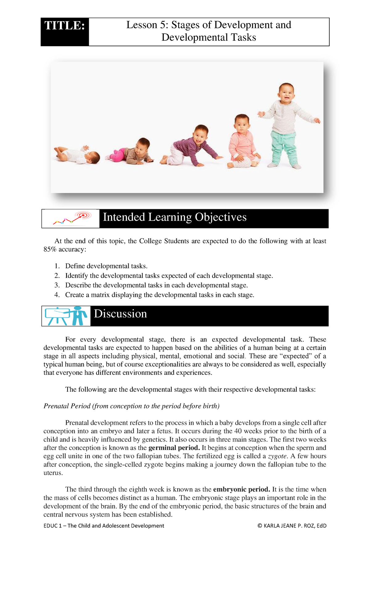 Educ 1 lesson 5 - TITLE: Lesson 5: Stages of Development and ...