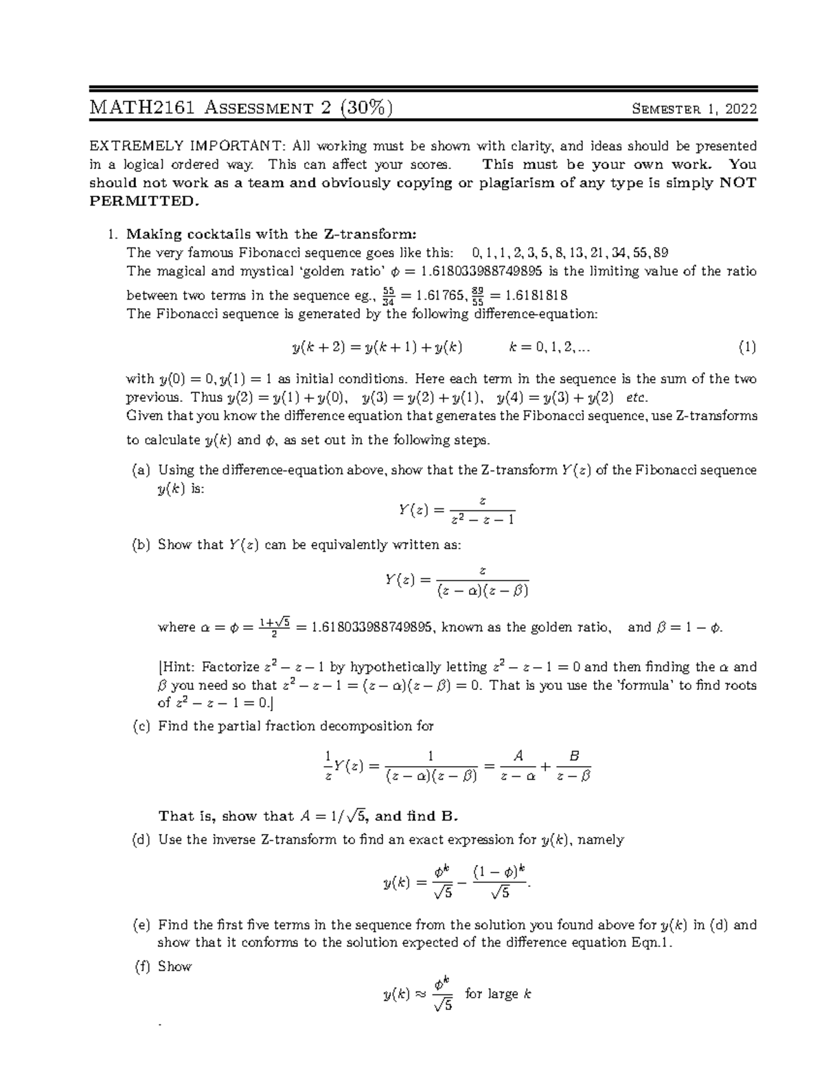 Test2 Fibonacci Cocktails - Math2161 Assessment 2 (30%) Semester 1 