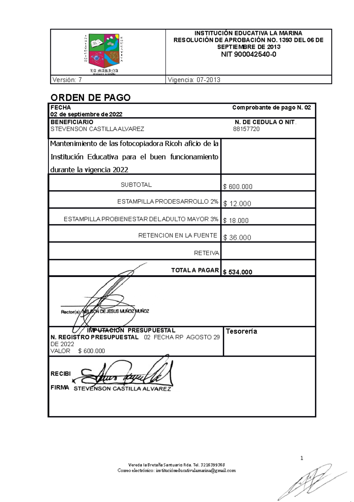 Orden DE PAGO 2 - INSTITUCIÓN EDUCATIVA LA MARINA RESOLUCIÓN DE ...