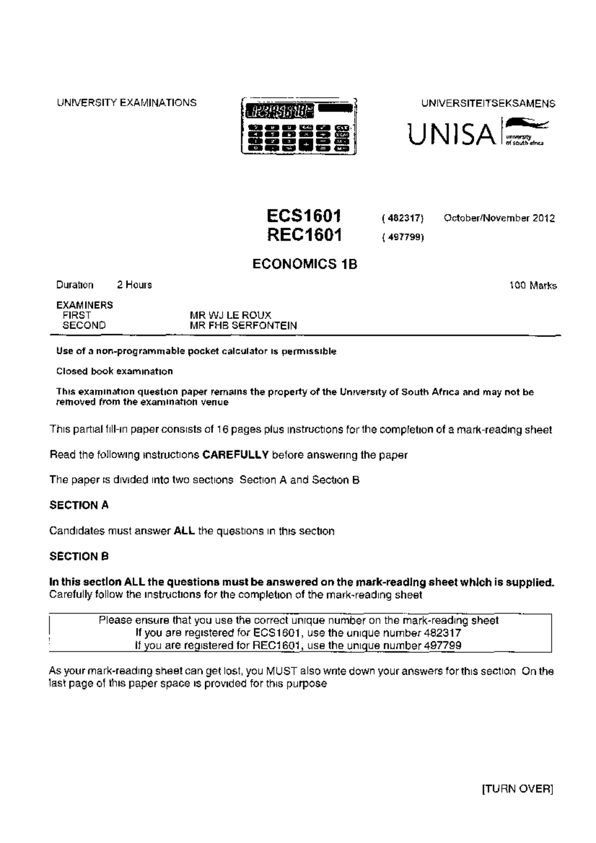 ECS1601 - Exam 2012 - UNIVERSITEITSEKSAMENS UNISAQ unrve UNIVERSITY ...