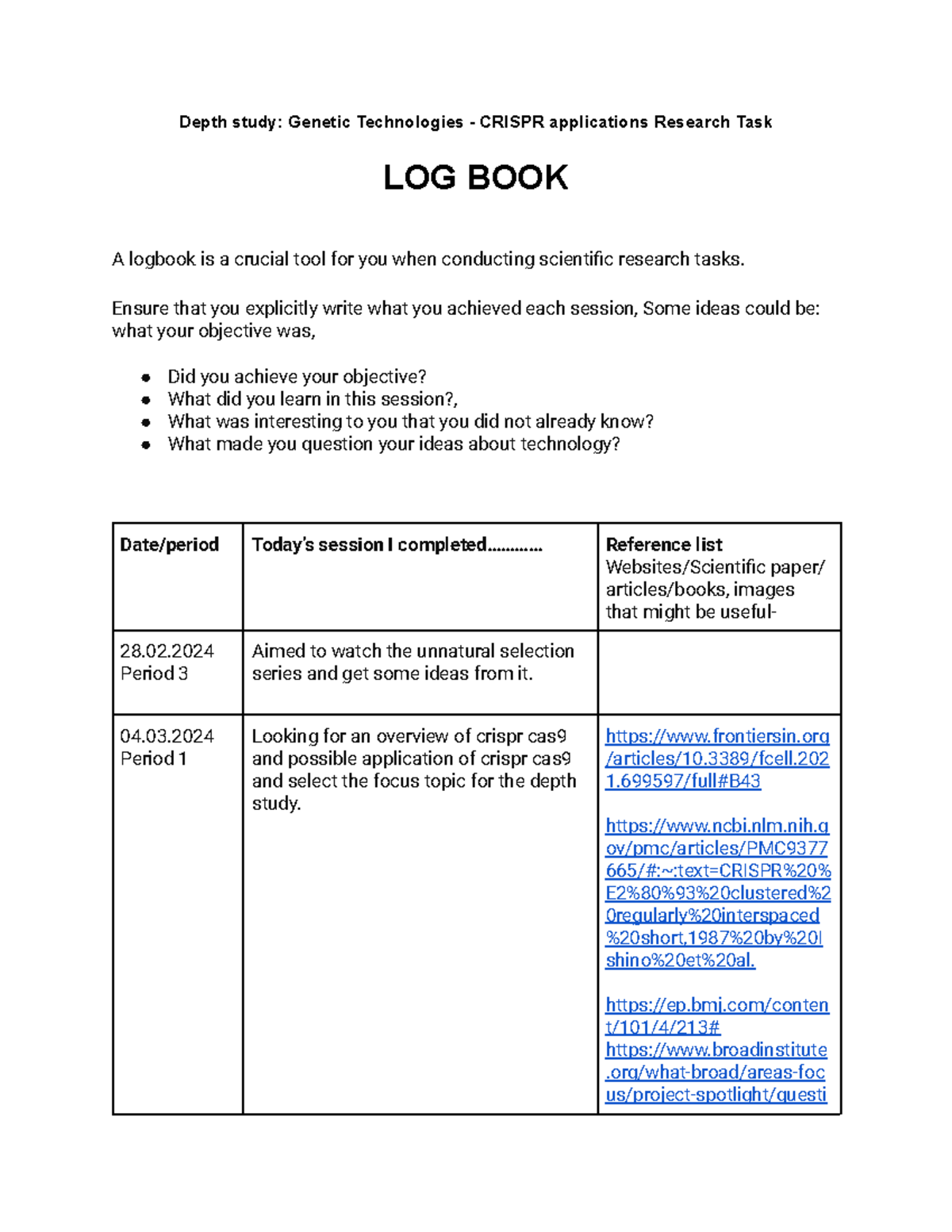 LOG BOOK - Depth study Genetic Technologies - Crispr applications ...