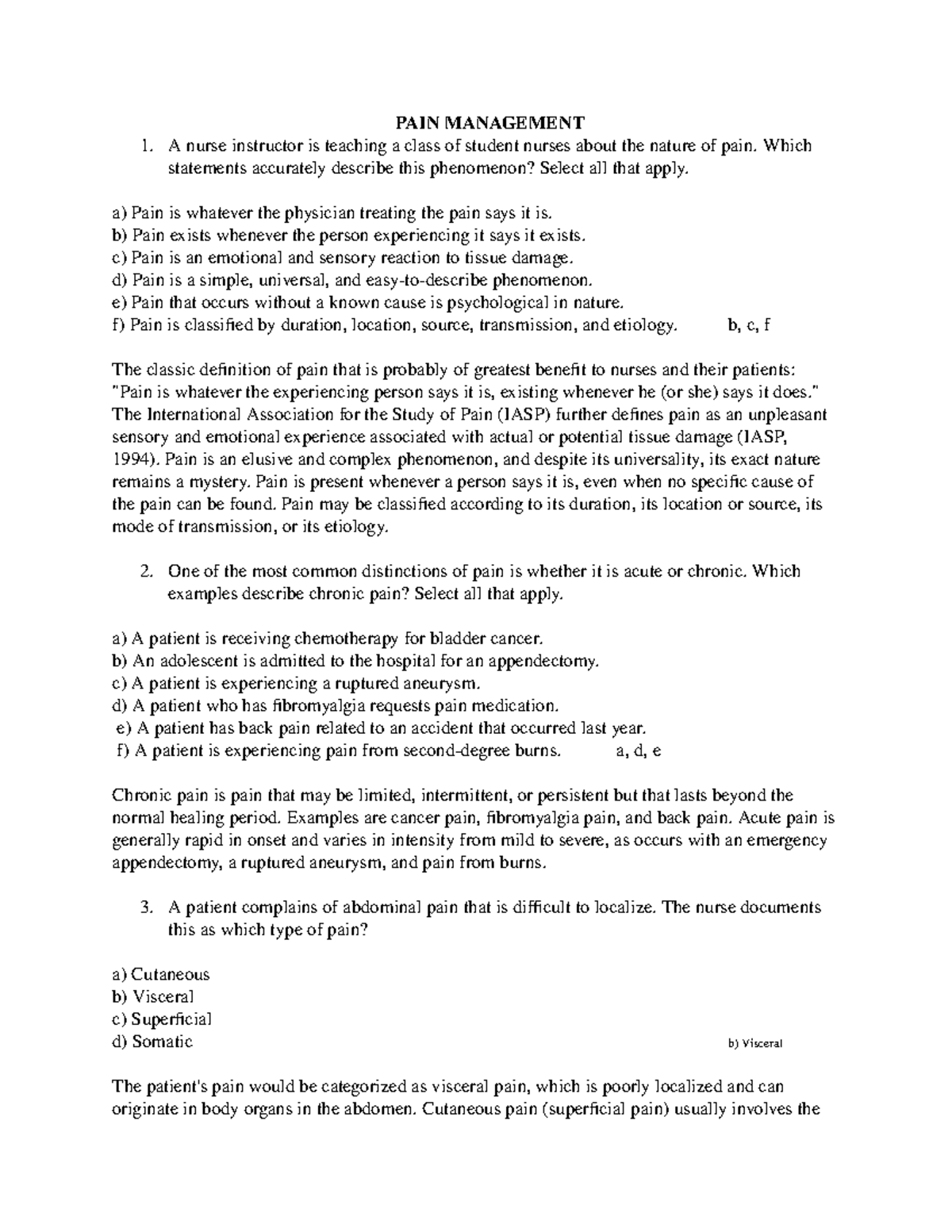 PAIN Management 1 - for practice - NUR152 - PC - Studocu