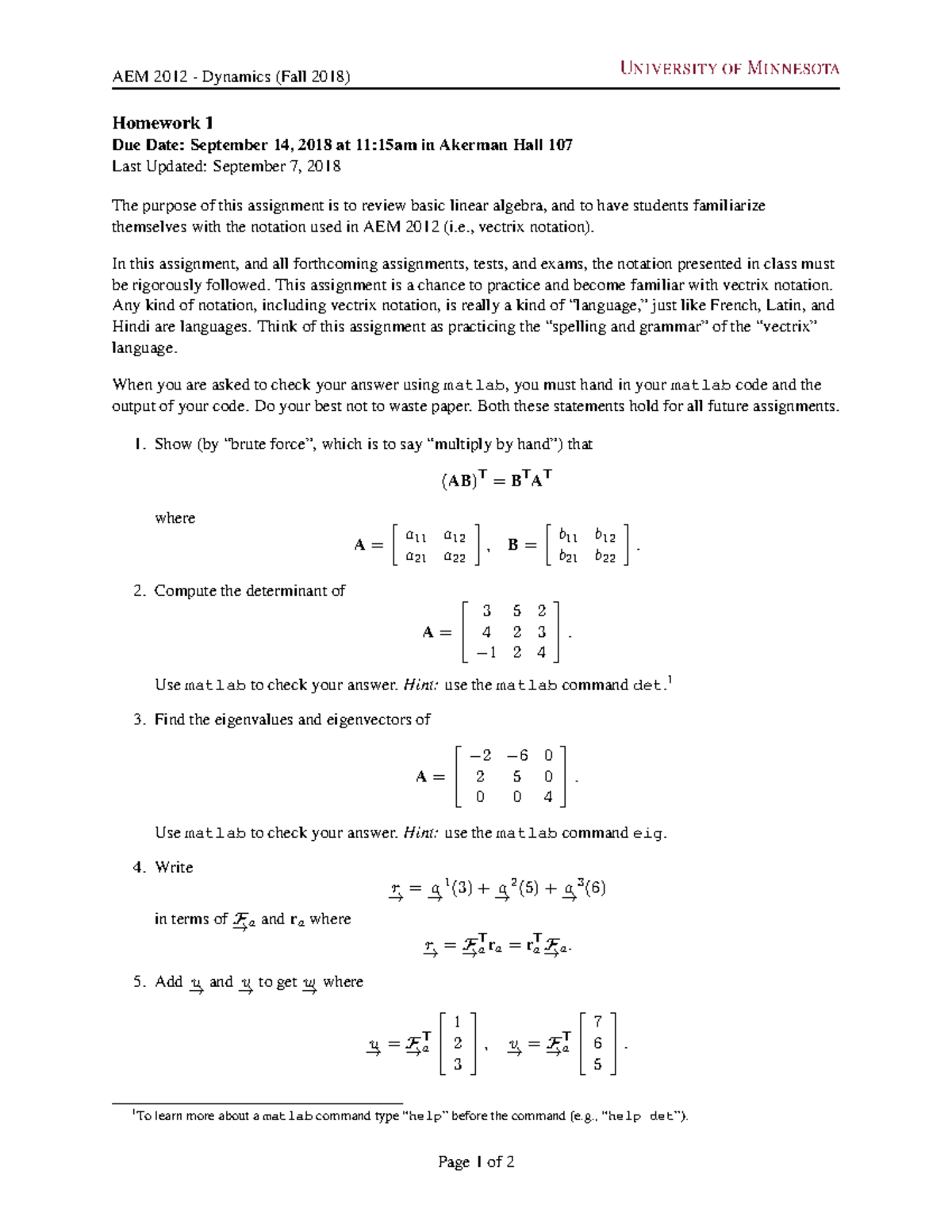 Aem2012 Hw1 - Homework 1 - Aem 2012 Dynamics (fall 2018) Homework 1 Due 