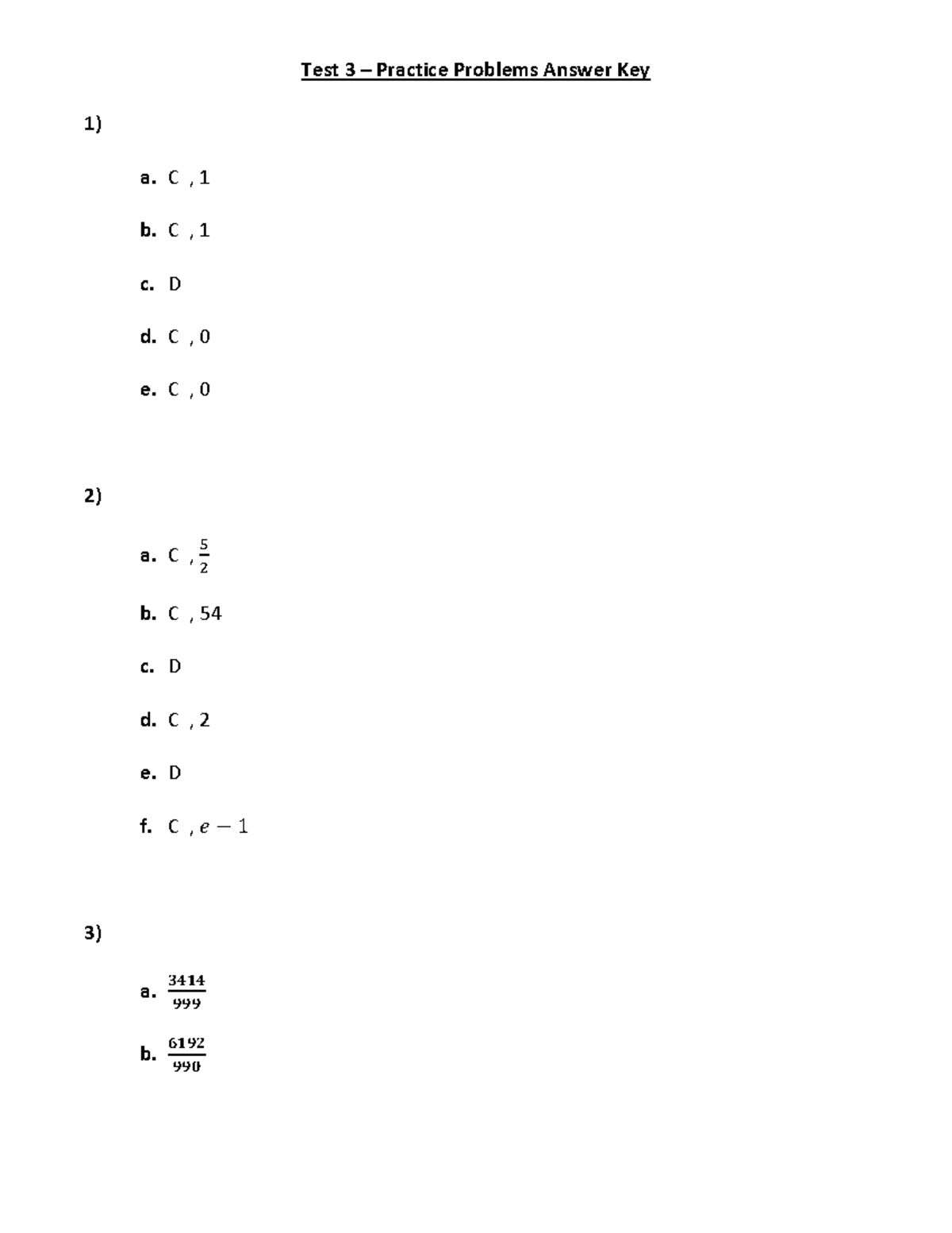 Test 3 Review Answer Key updated - Test 3 – Practice Problems Answer ...