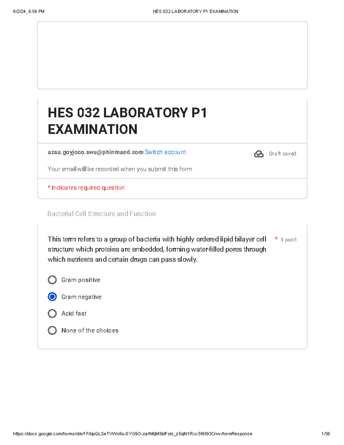 HES 032 Laboratory P1 Examination - Bacterial Cell Structure and ...