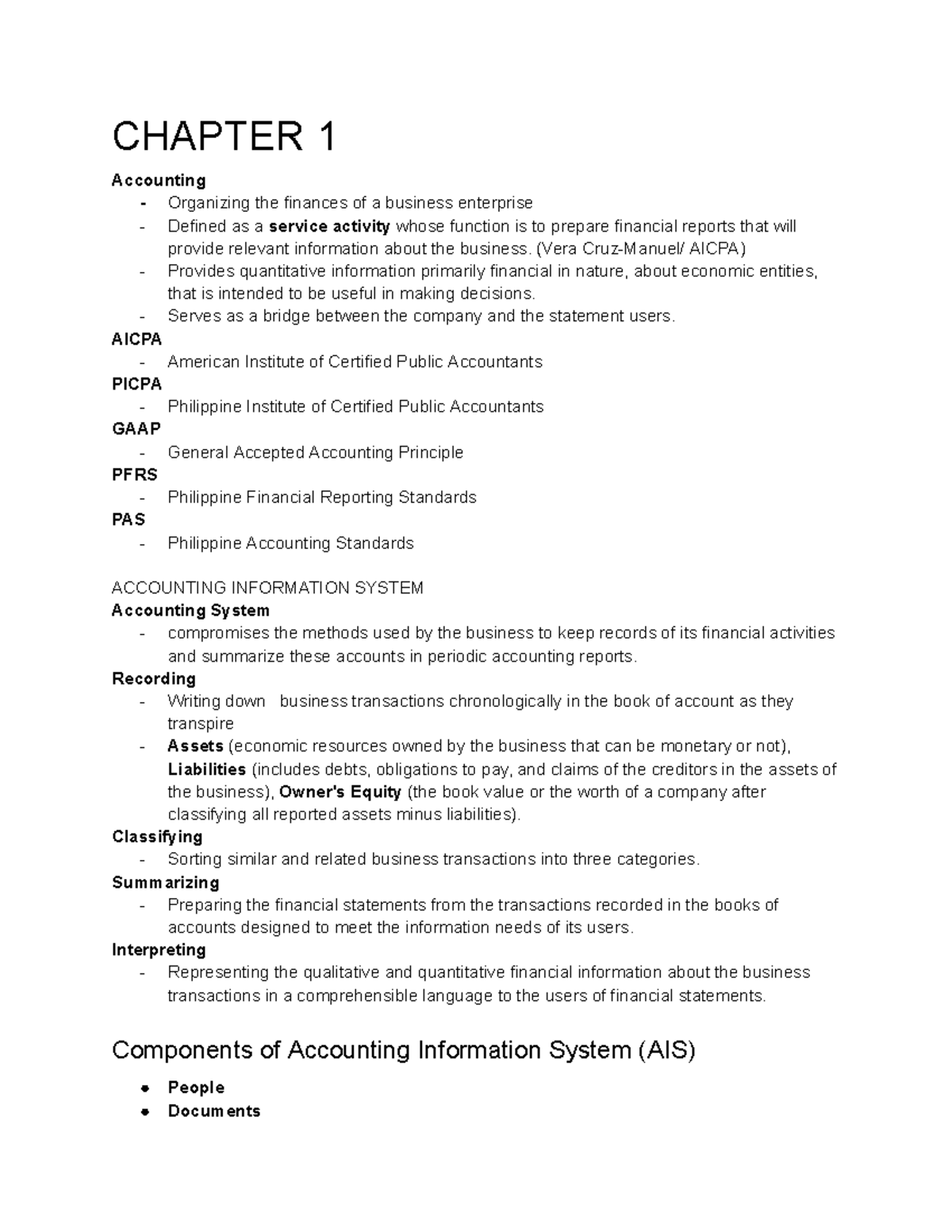 Fundamentals of Accounting Notes - CHAPTER 1 Accounting - Organizing ...