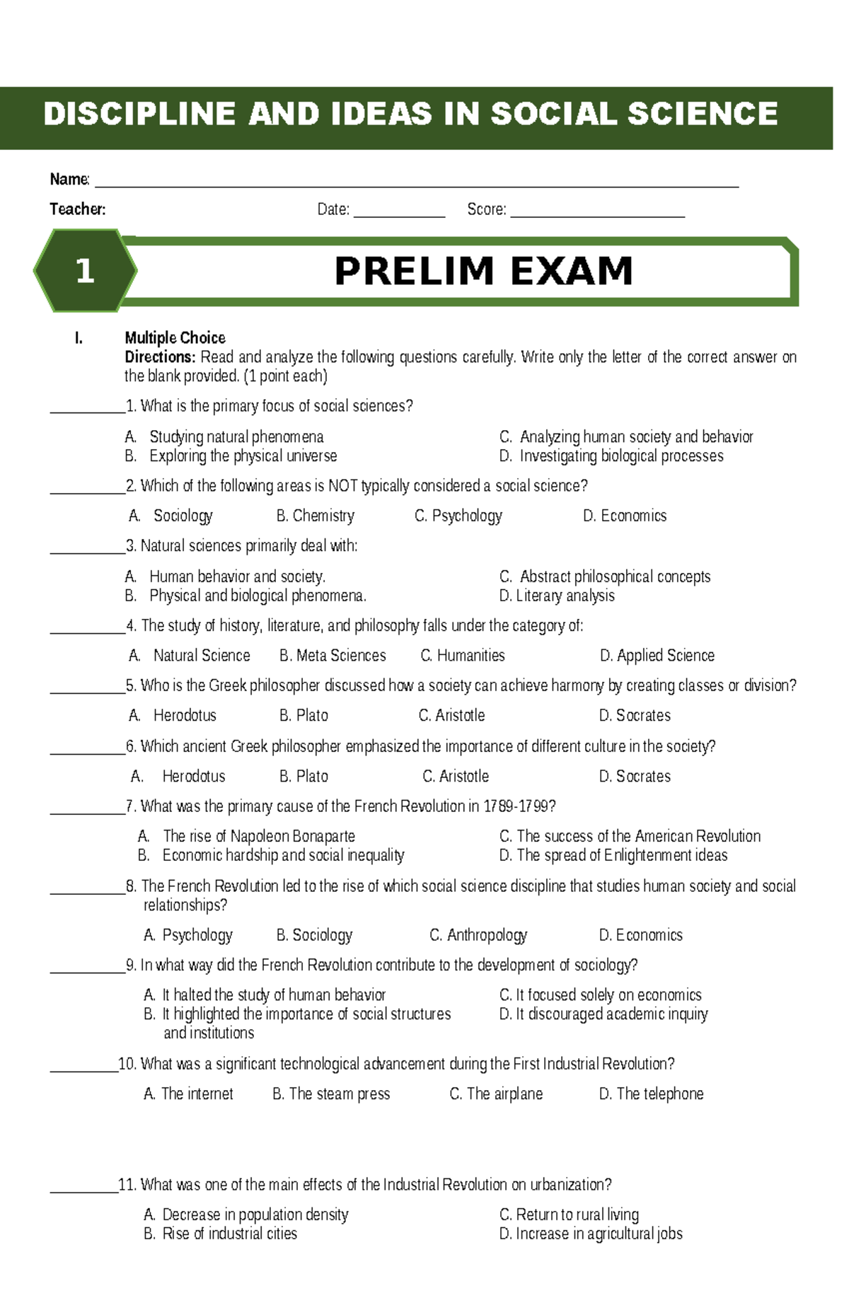DISS 1ST Monthly EXAM DISS - Name: - Studocu